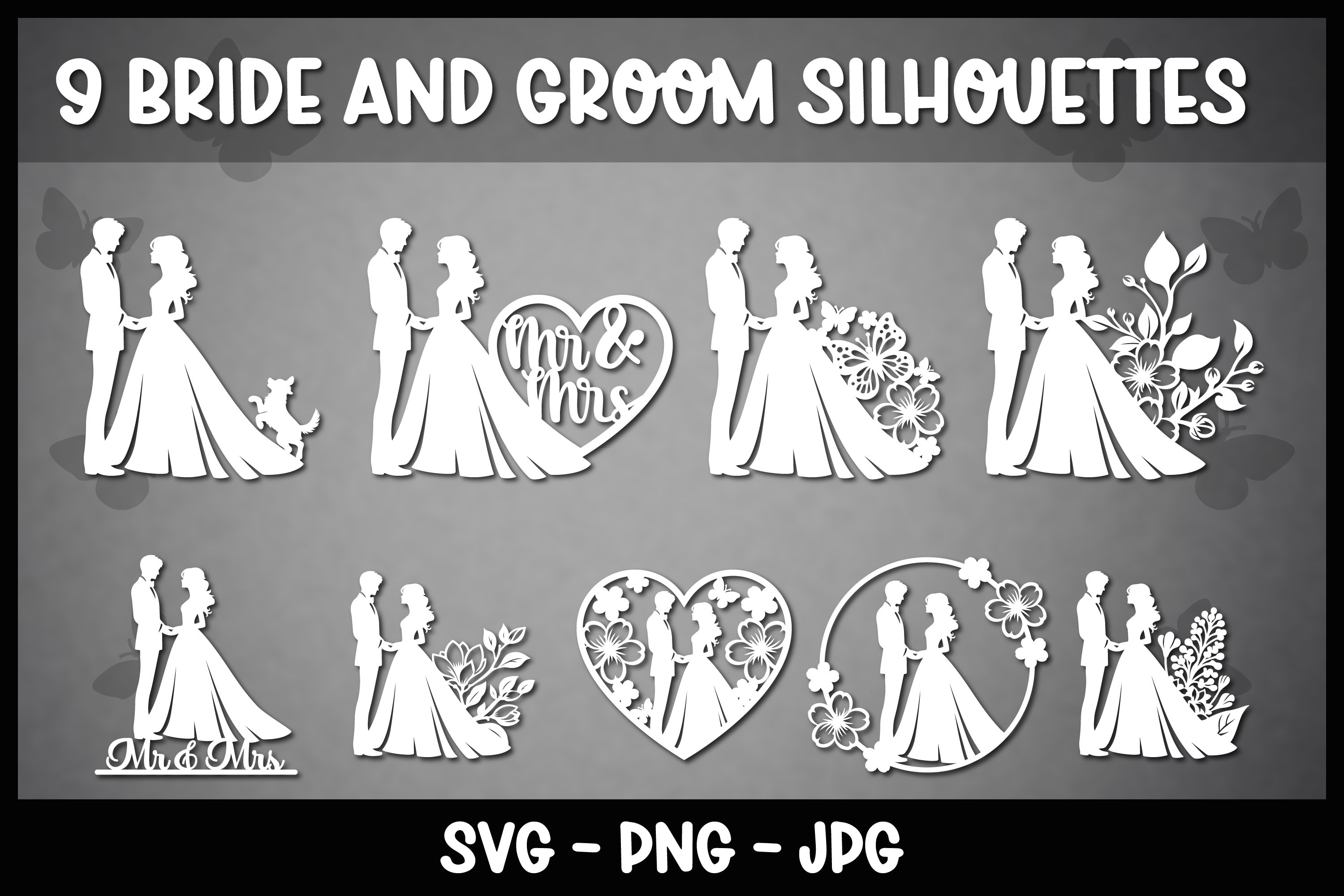 Bride and groom silhouette, cut file, paper cut, wedding SVG, image size:3000x2000