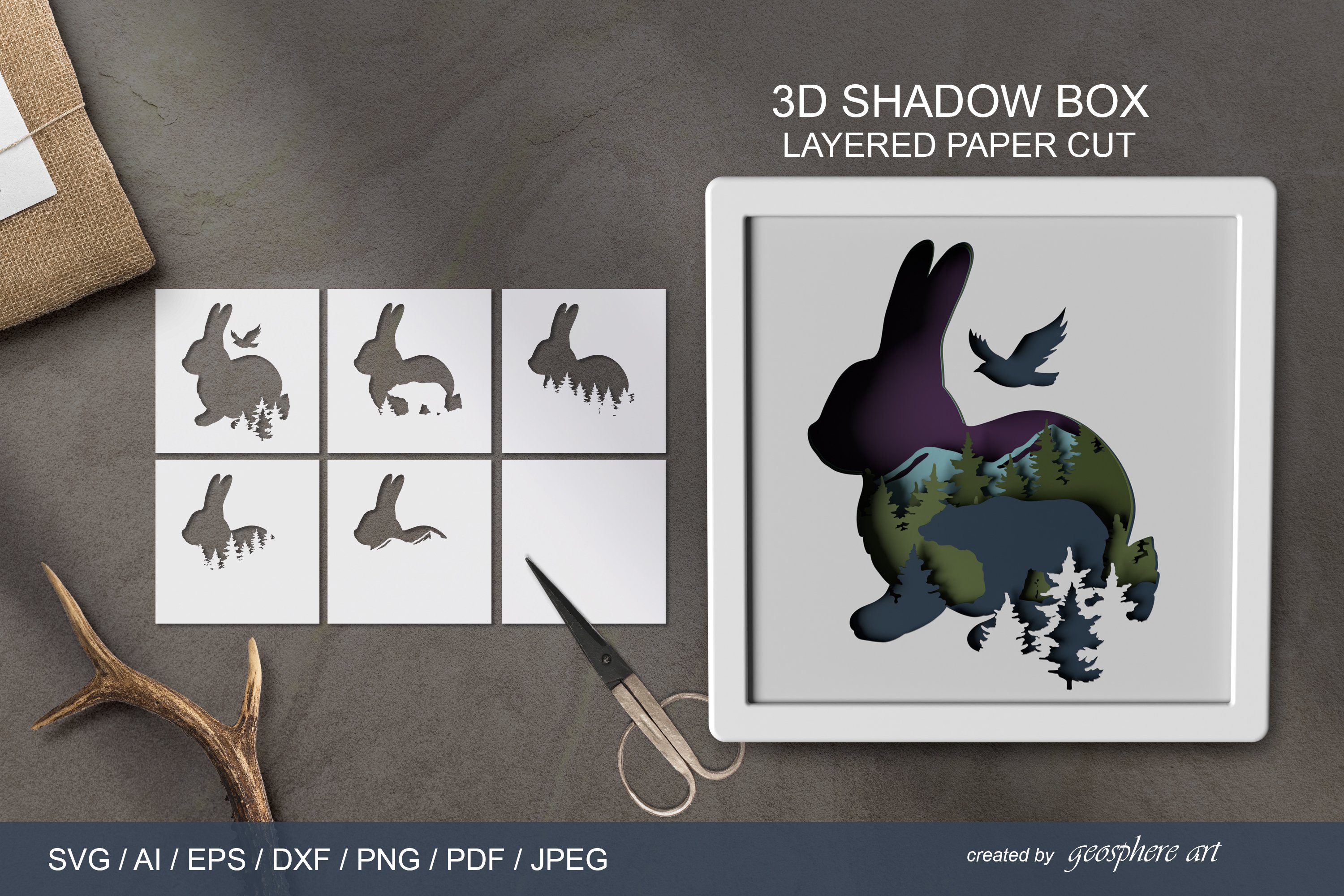 3D Bunny Shadow box. Layered papercut SVG / DXF / EPS / AI