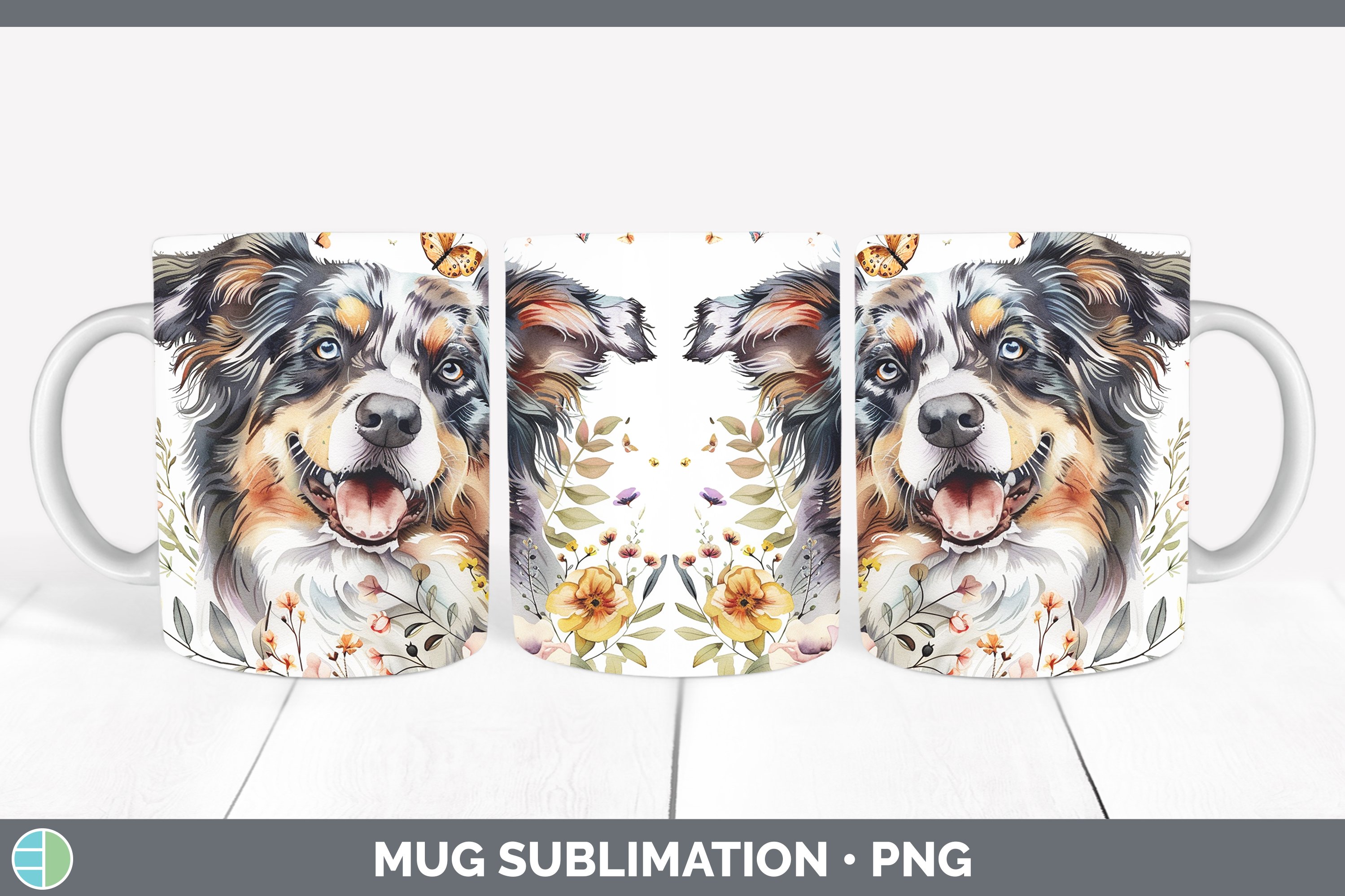 Butterfly Dog Australian Shepherd Mug Wrap Sublimation Coffe