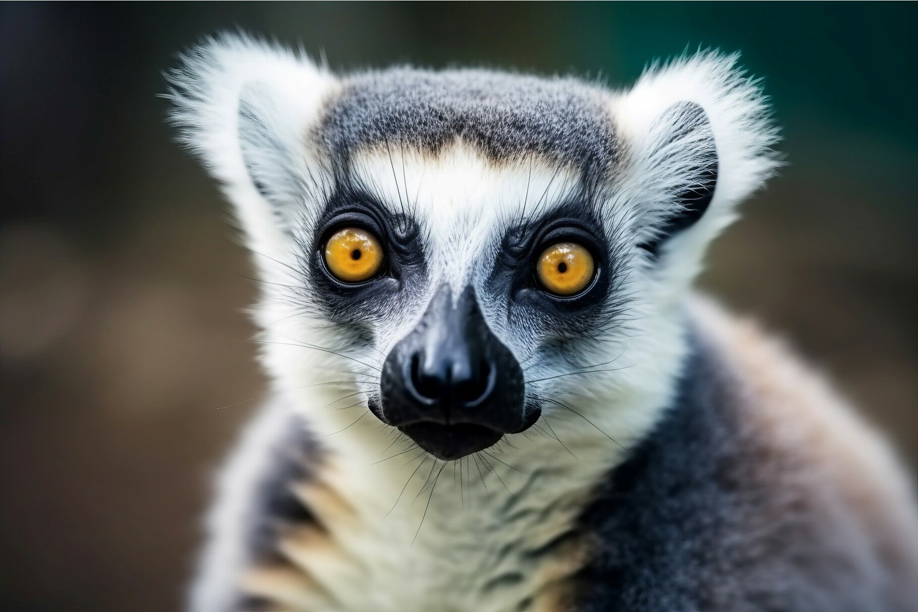 Closeup photo of lemur animal with black nose and orange eye