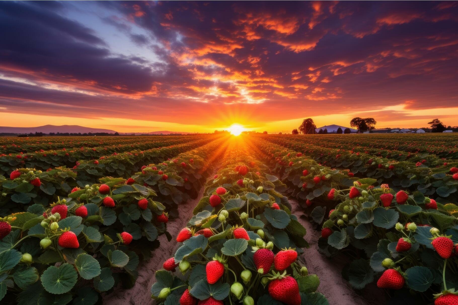 Vibrant sunset over a lush strawberry farm, with radiant col