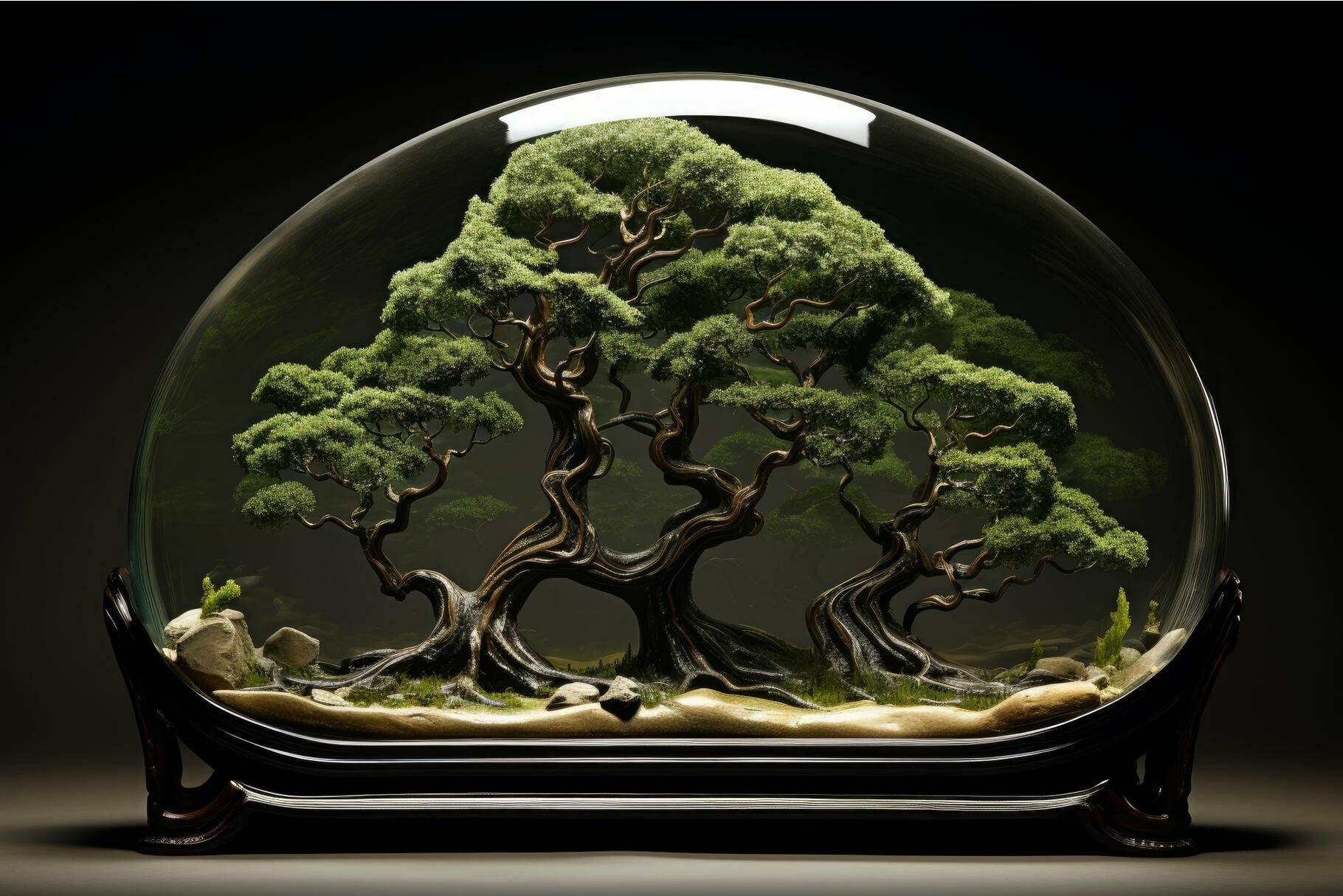 Intricate bonsai tree display in glass dome