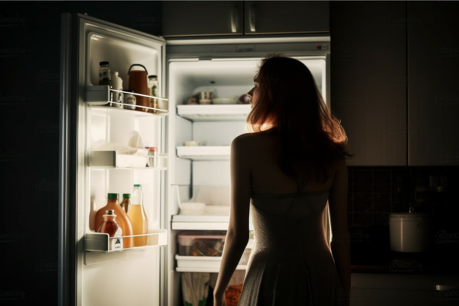 Woman night open fridge food. Generate Ai, image size:1820x1214