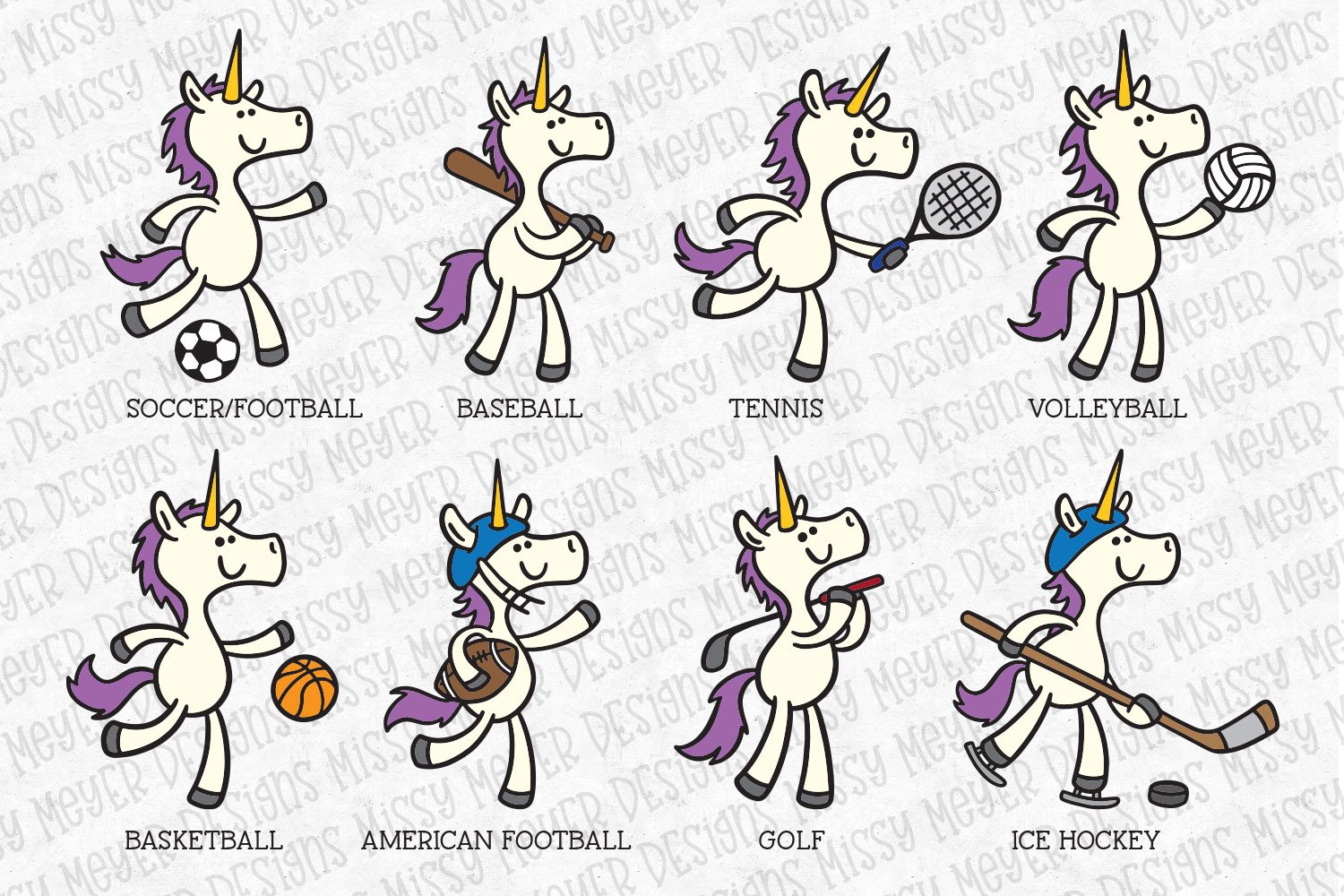 Unicorns Playing Sports set of 8 unicorn cartooons (126704