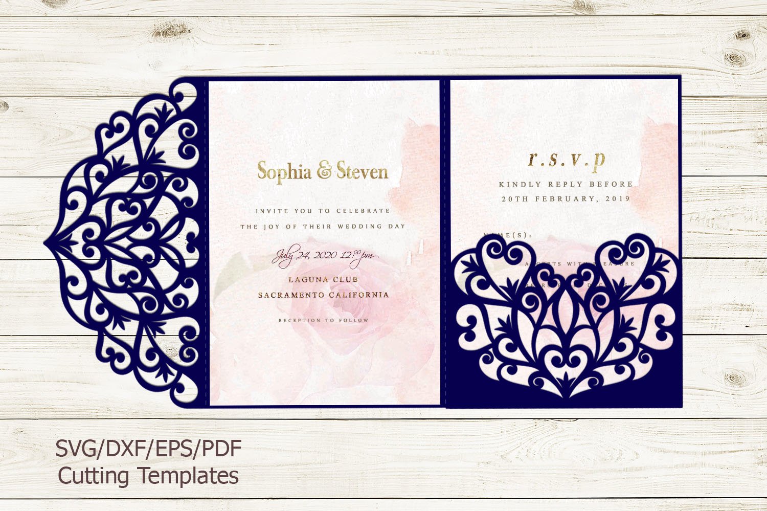 Trifold wedding invitation svg dxf pdf laser cut cricut file (231085) | Paper Cutting | Design Bundles