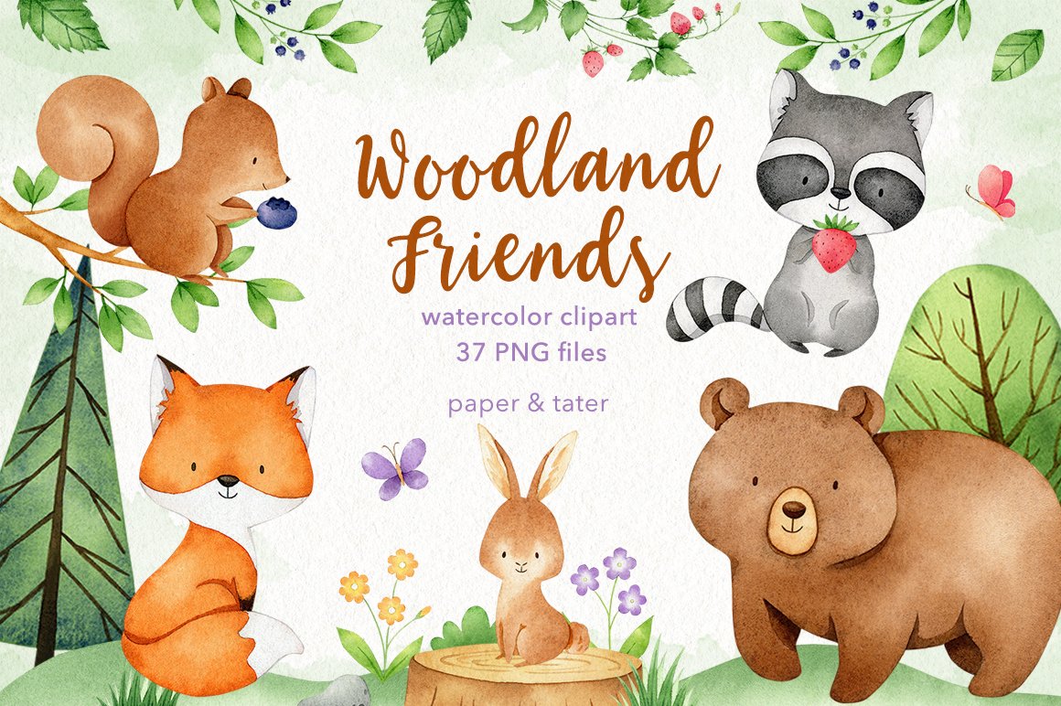 Watercolor Woodland Animals Clipart Graphics (648948) | Illustrations | Design Bundles