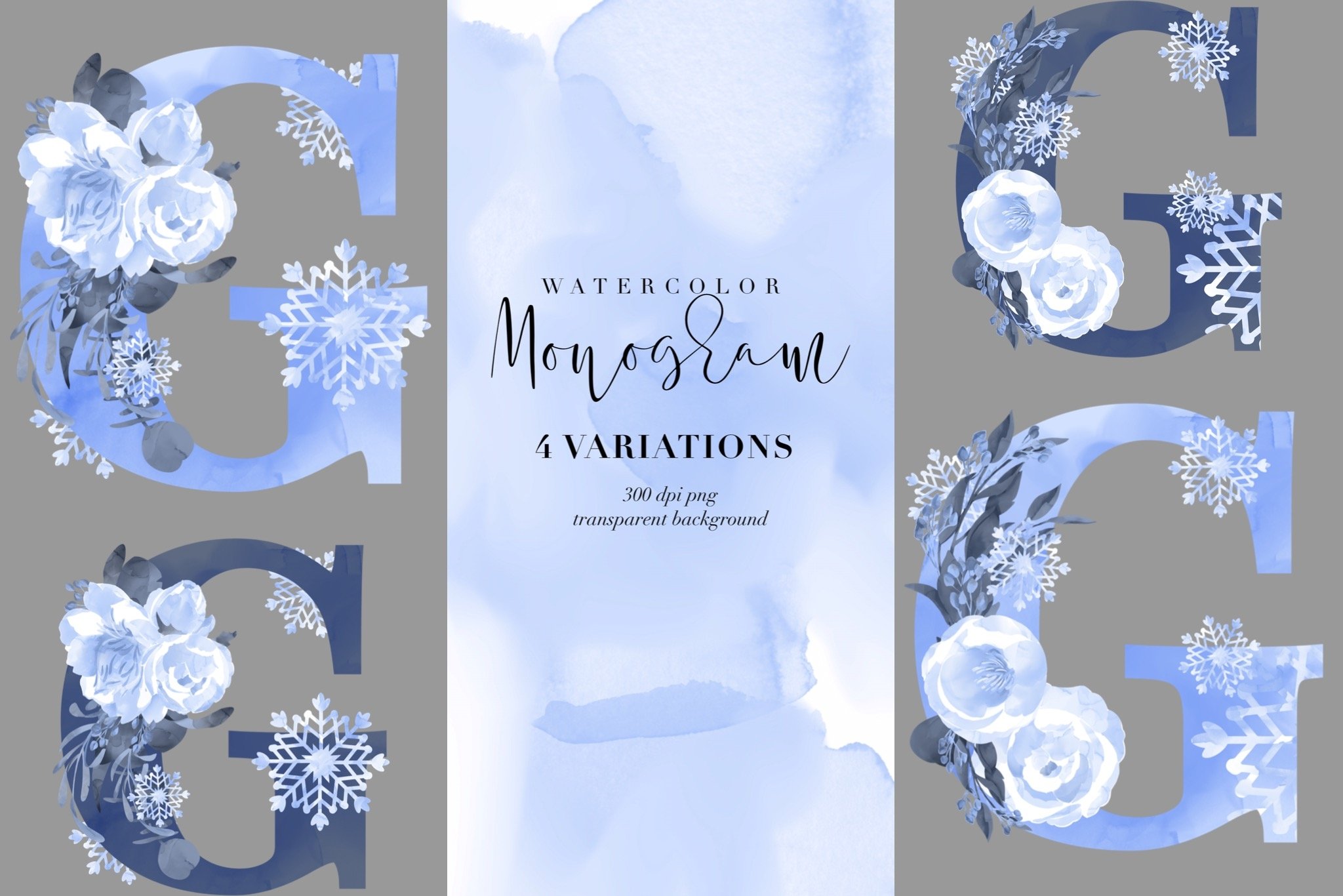 Letter G watercolor monogram, winter monogram PNG, snowflake (1056962) Sublimation Design
