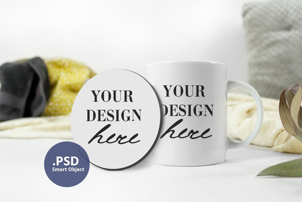 Coffee Mug &amp; Round Coaster mockup, on a Neutral background