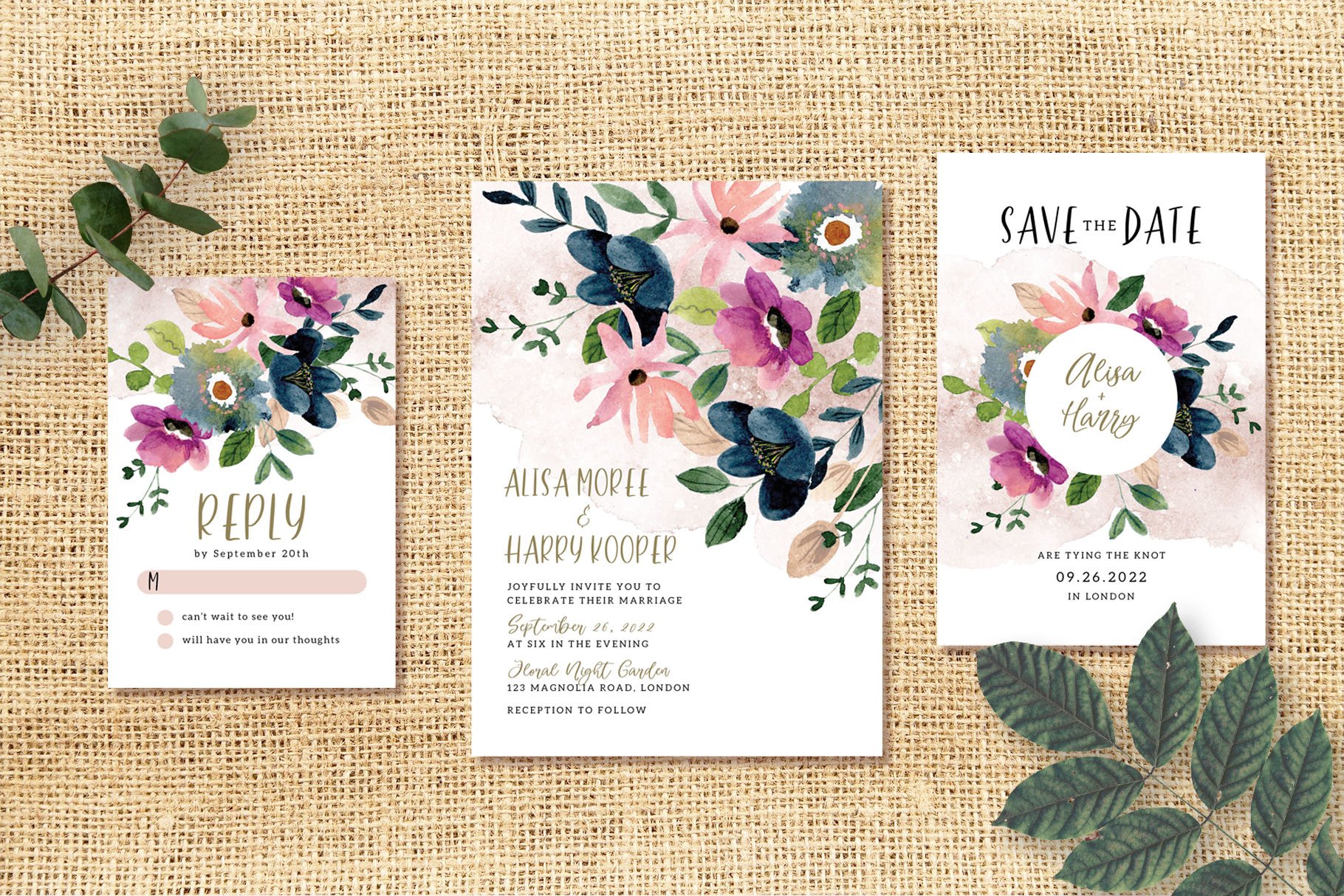 Pretty Flower Watercolor Wedding Invitation Set