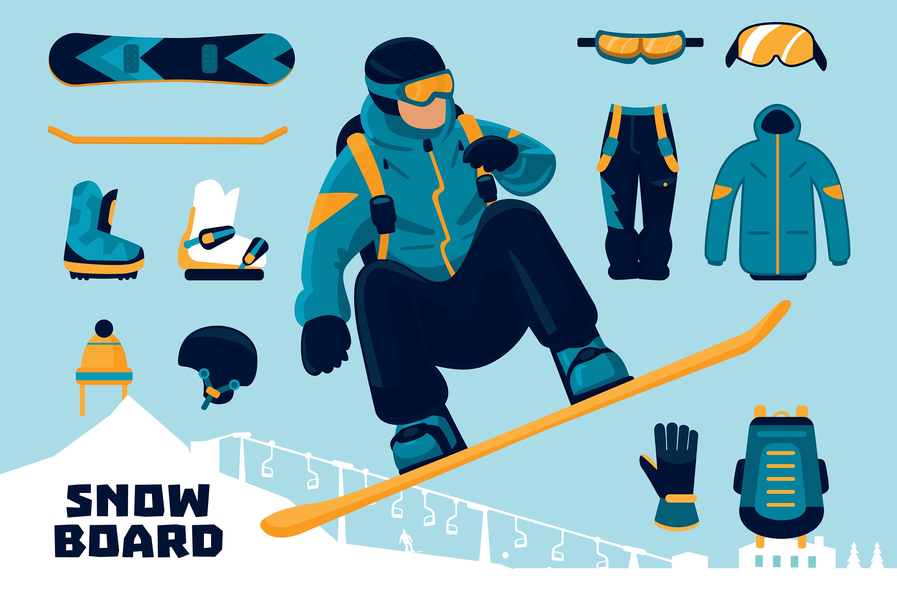 Snowboarder and winter sports equipment set (739994) Illustrations