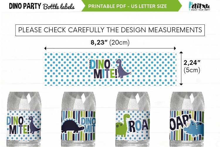 Dino party bottle labels, printable PDF, dino (411784) for Free Printable Dinosaur Water Bottle Labels