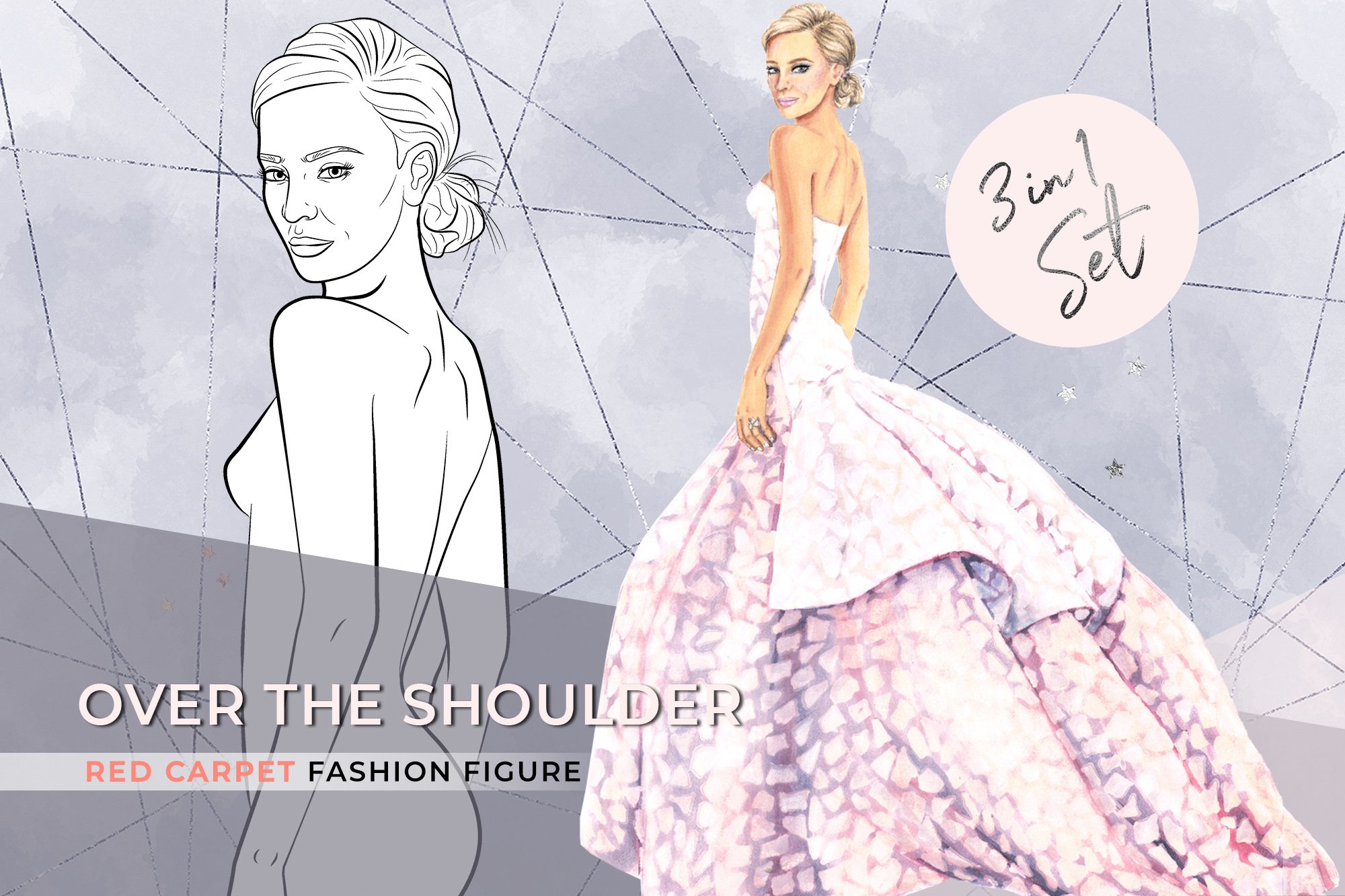 Fashion figure- Over the shoulder, printable fashion croquis (253015) |  Illustrations | Design Bundles