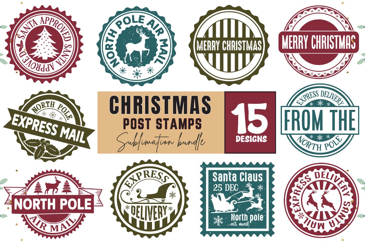 Christmas Post Stamps Sublimation Bundle, Christmas PNG, image size:1160x772