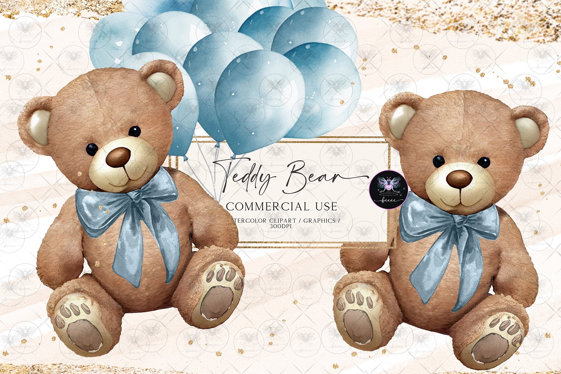 Teddy Bear Baby Shower Boho Watercolor Clipart (3789712)