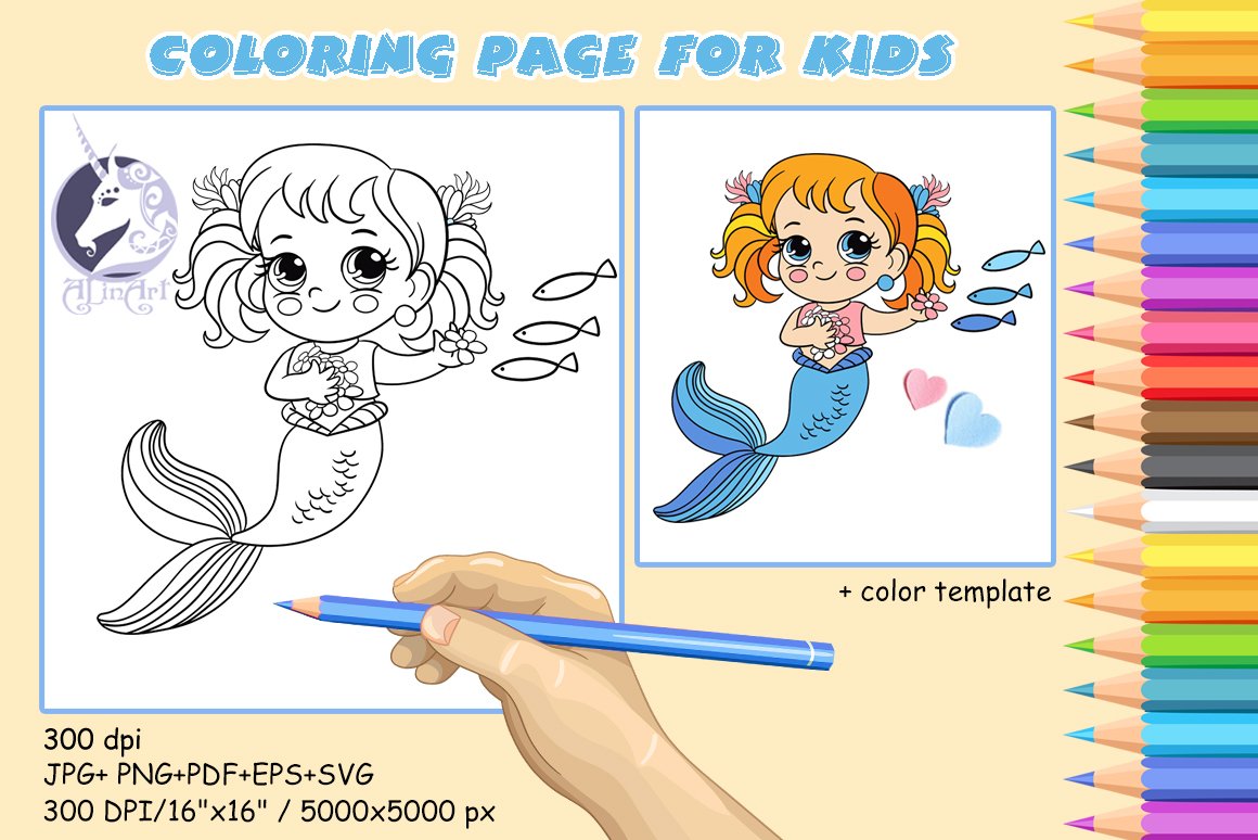 Cute mermaid feeds the fishes coloring page for kids