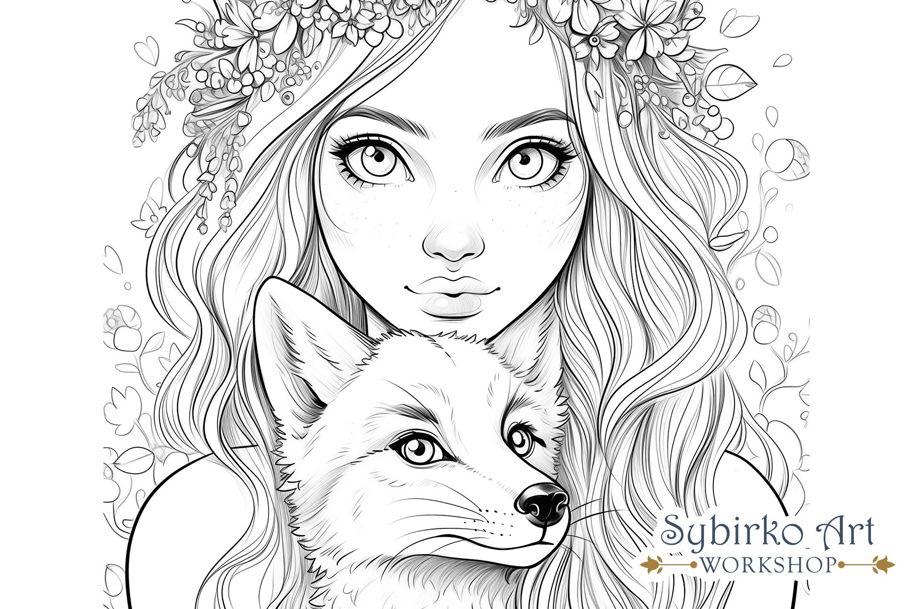 Floral Foxy Girl and Fox coloring page. Adult colouring page, image size:1820x1214