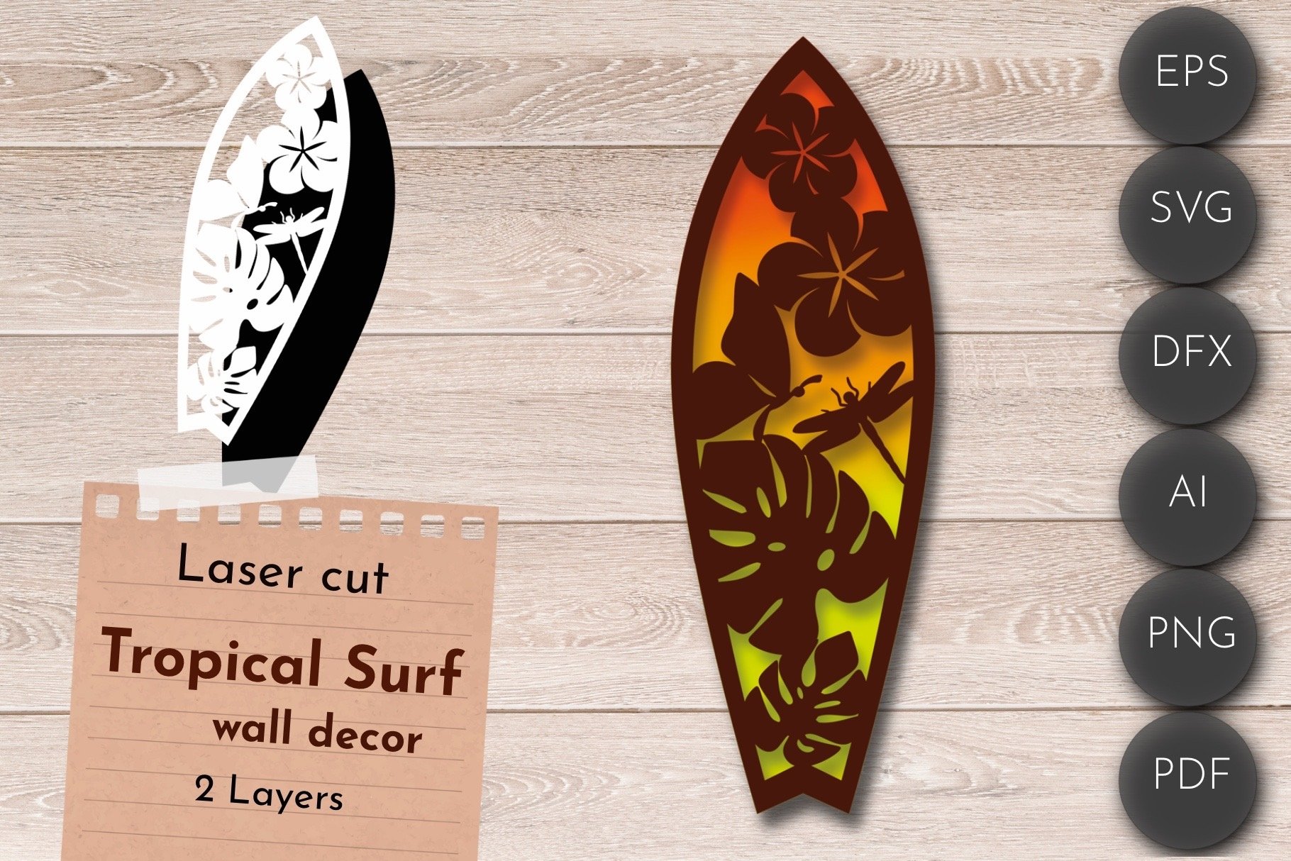 3D Layered SVG, Surf wall art, Tropical Laser Cut File svg