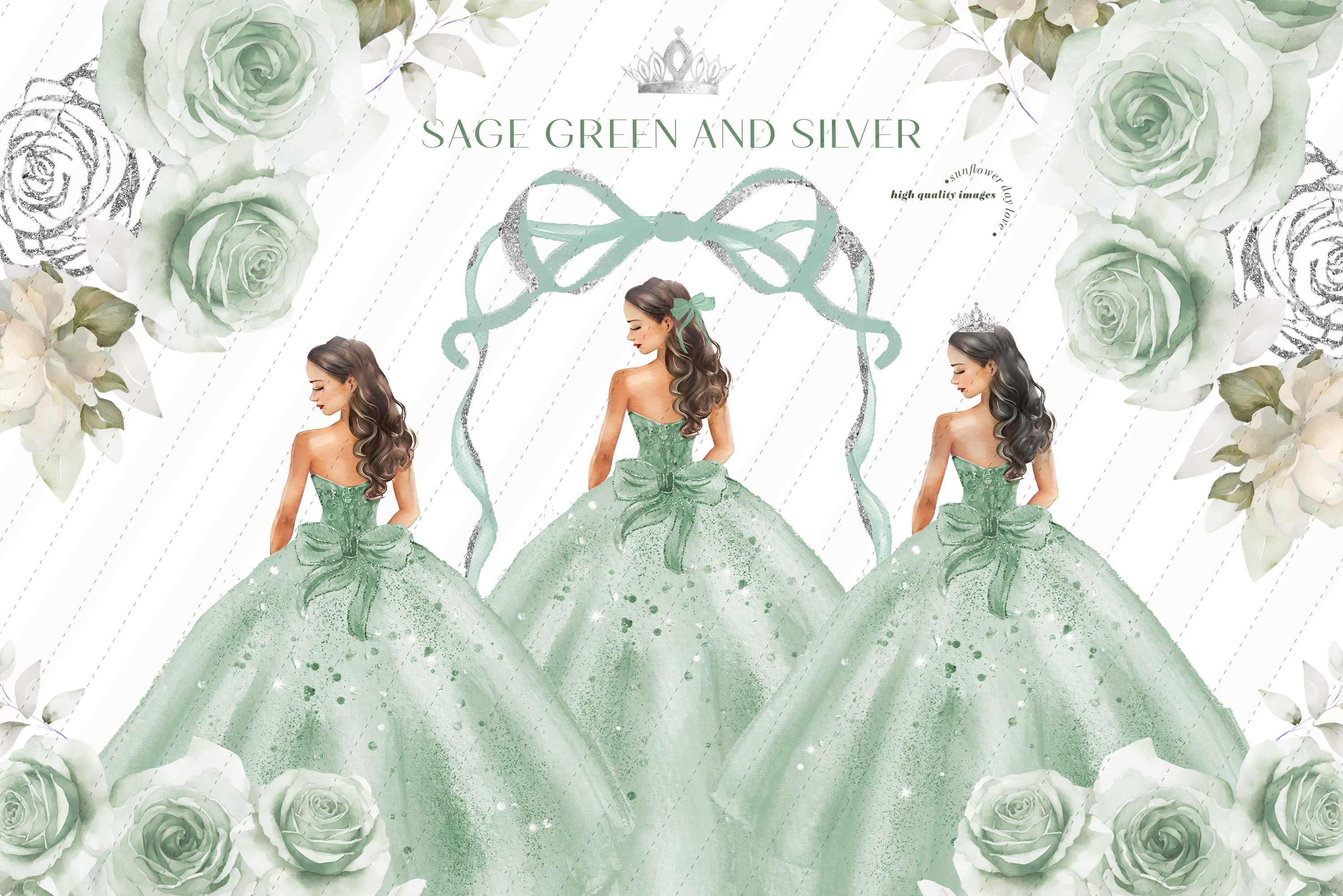 Sage Green & Silver Dresses Clipart, Sage Green Quinceaera Sage Green & Silver Dresses Clipart, Sage Green Quinceaera