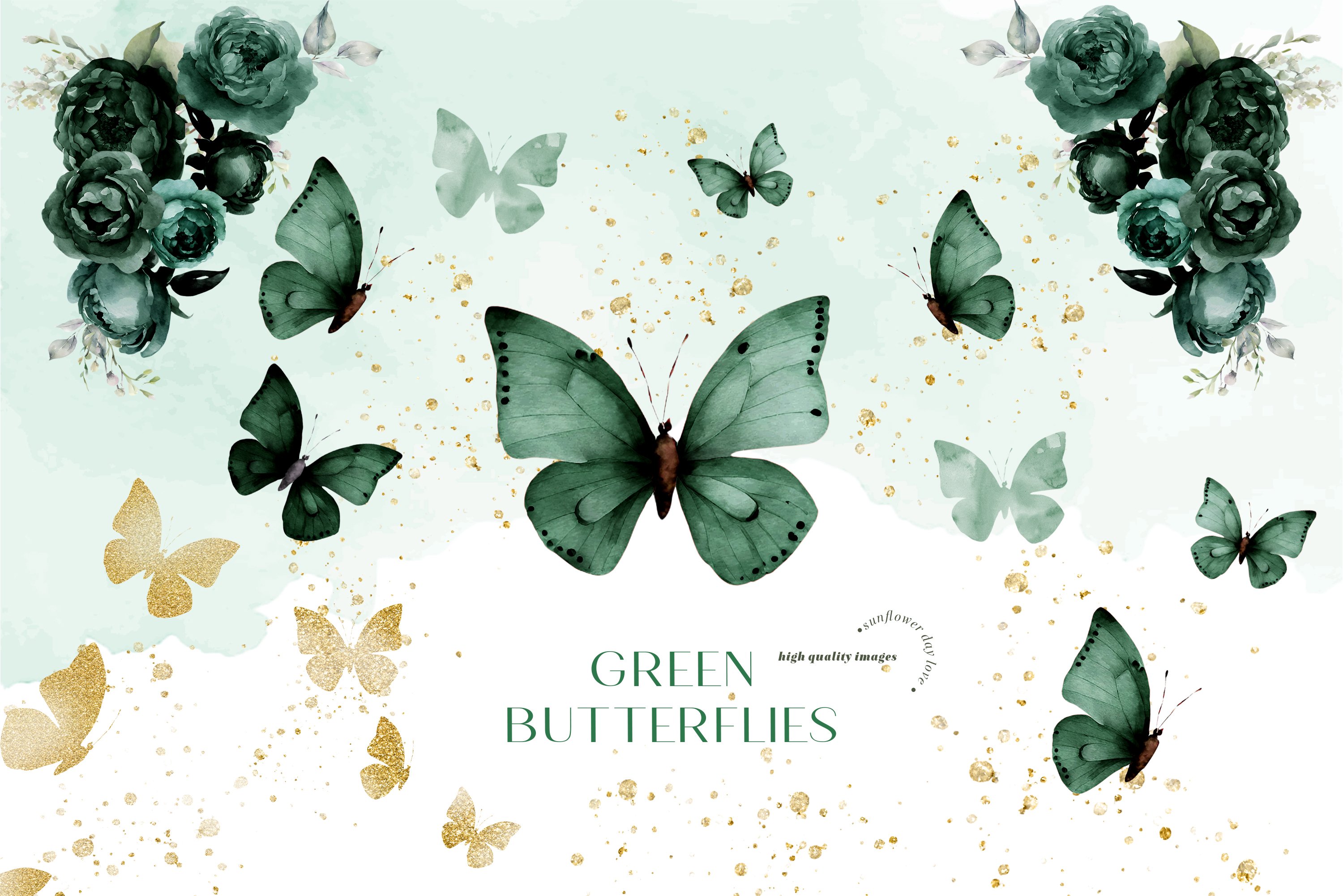 Emerald Green Floral Gold Butterflies Clipart