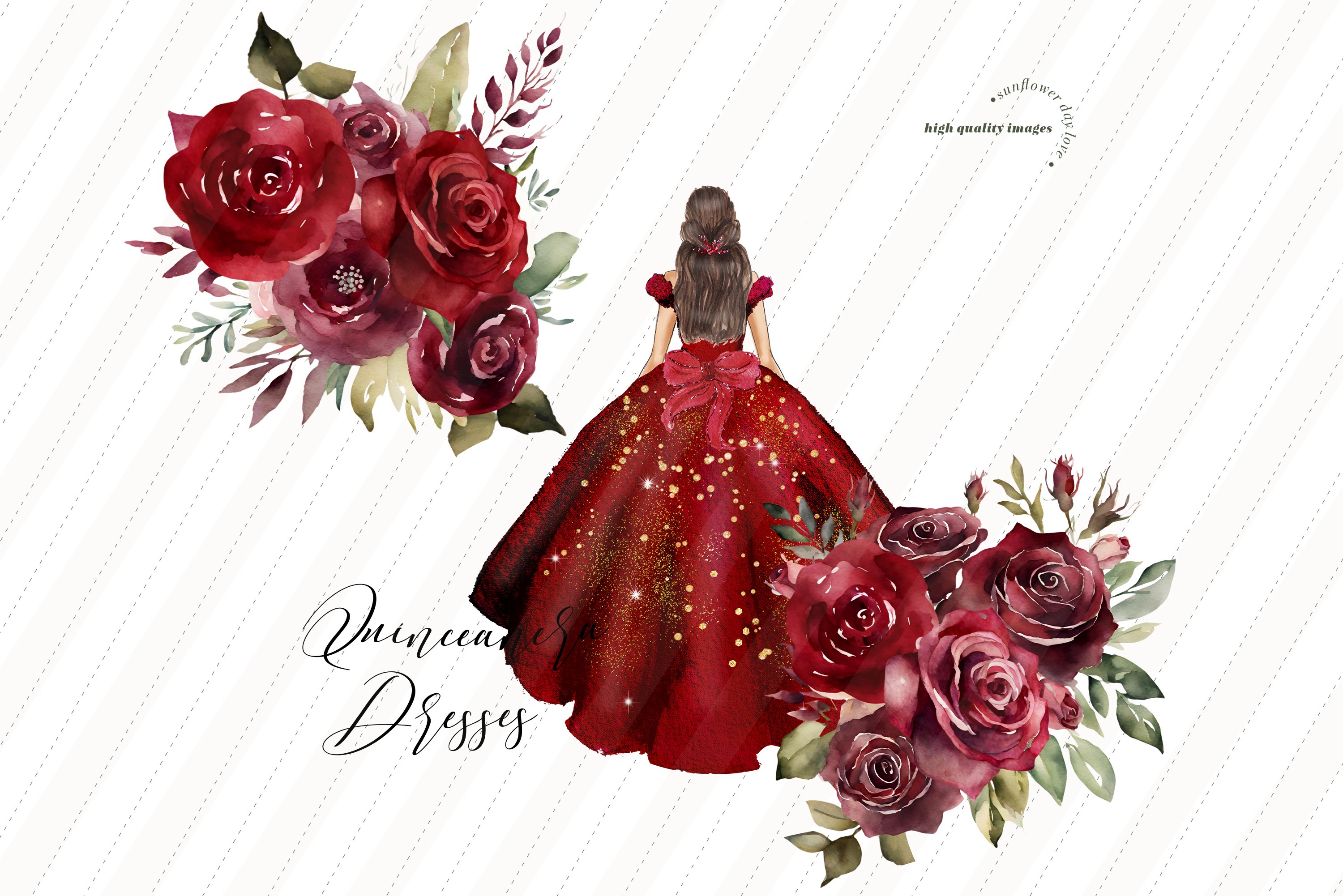 Elegant Red Burgundy Dresses Gold Glitter Clipart