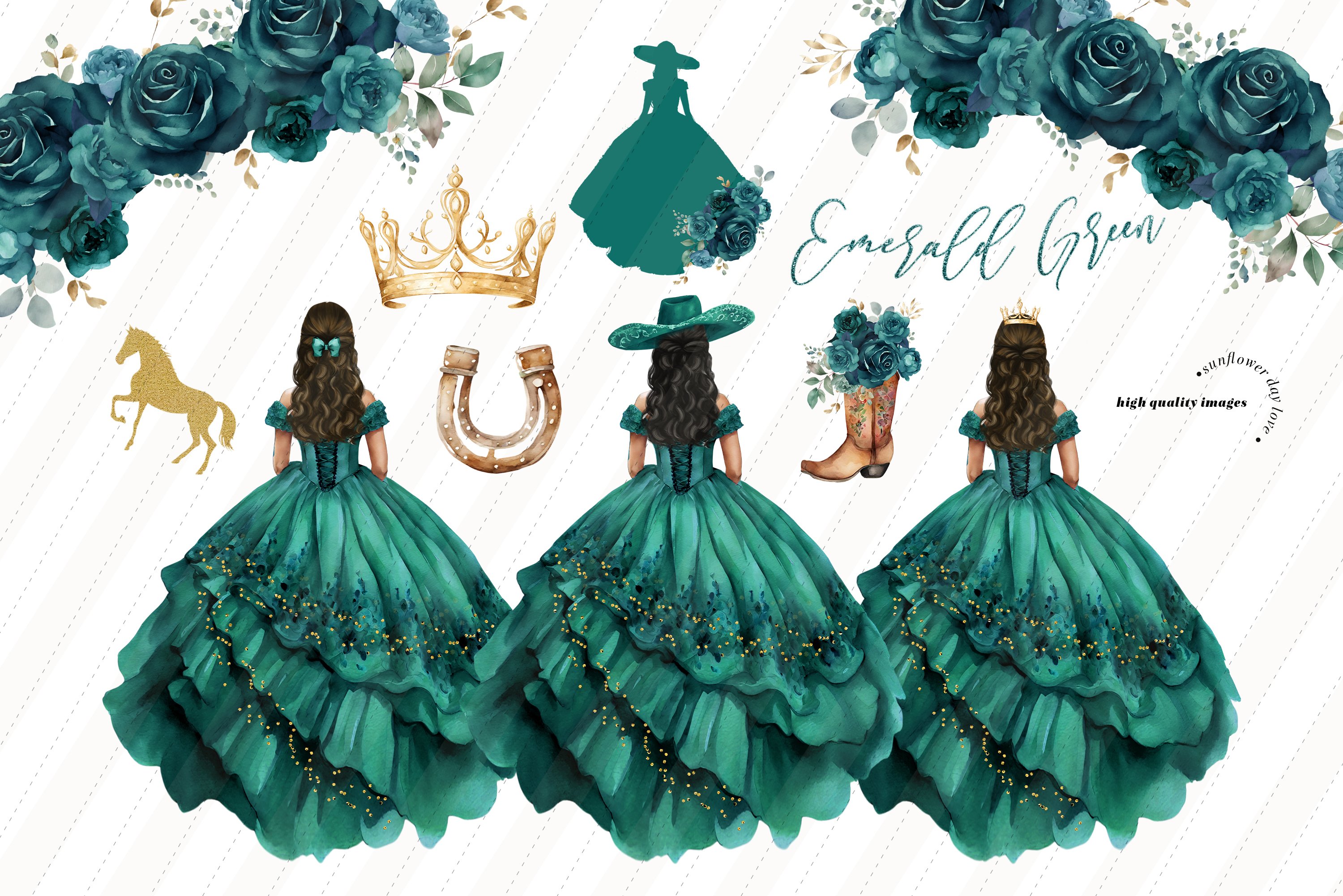 emerald green princess dress clipart Dresses Clipart, Hunter Green Flowers Color:White and Blue 2-Piece Suit Watercolor clipart You CAN use the Asymmetrical Prom Dresses |