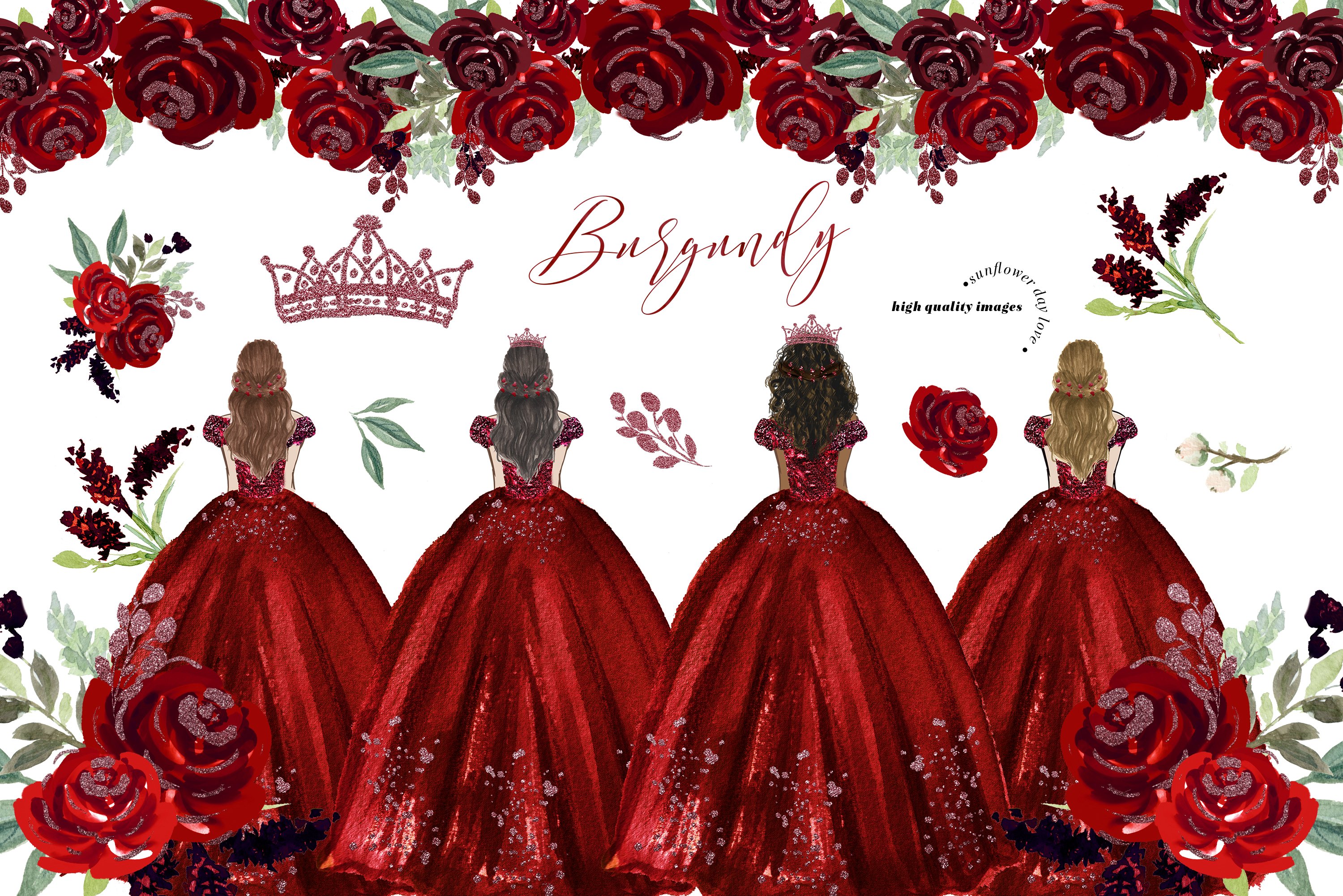 Burgundy & Gold Princess Dress Clipart, Burgundy (2391223)