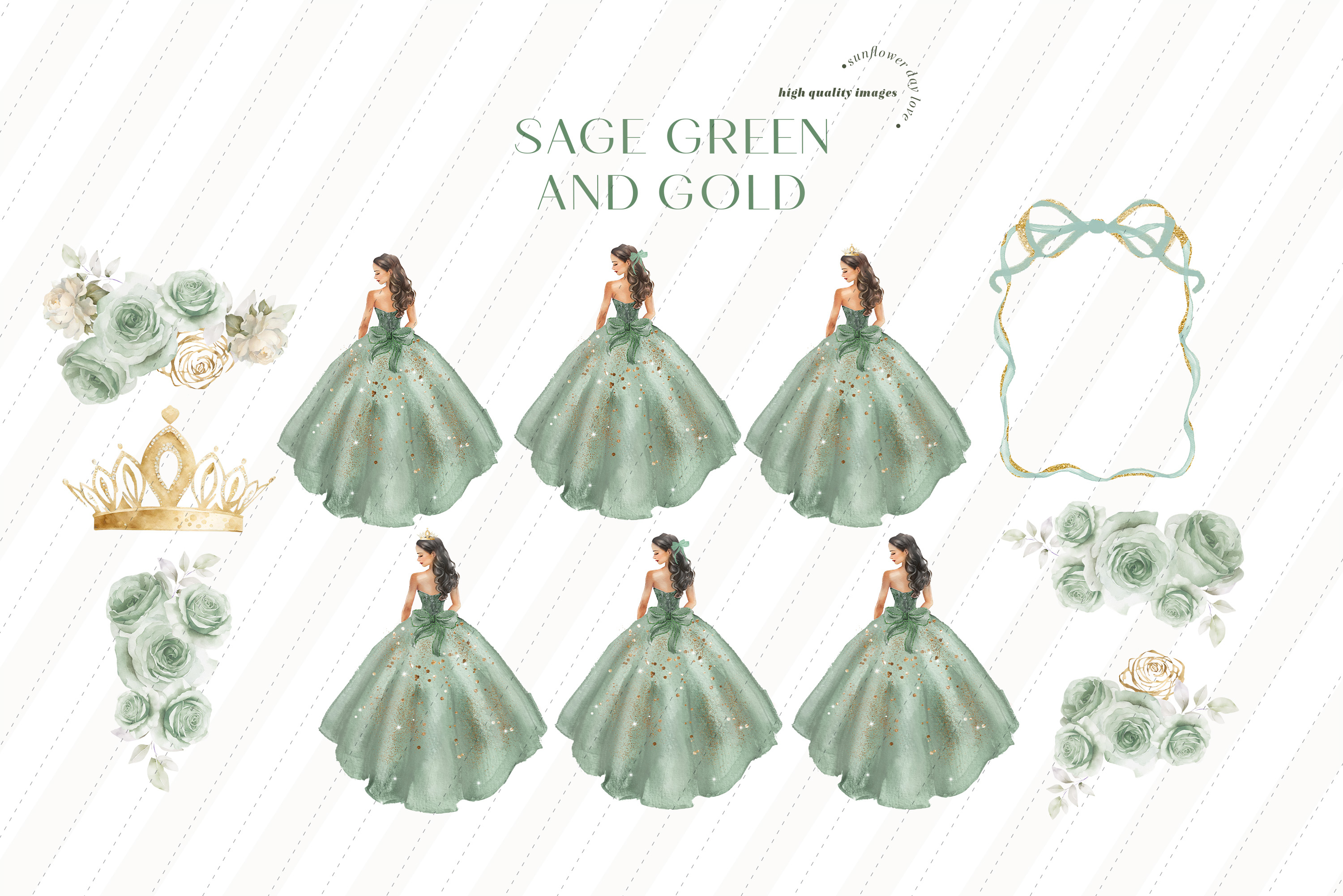 Sage Green & Gold Dresses Clipart, Sage Green Quinceaera