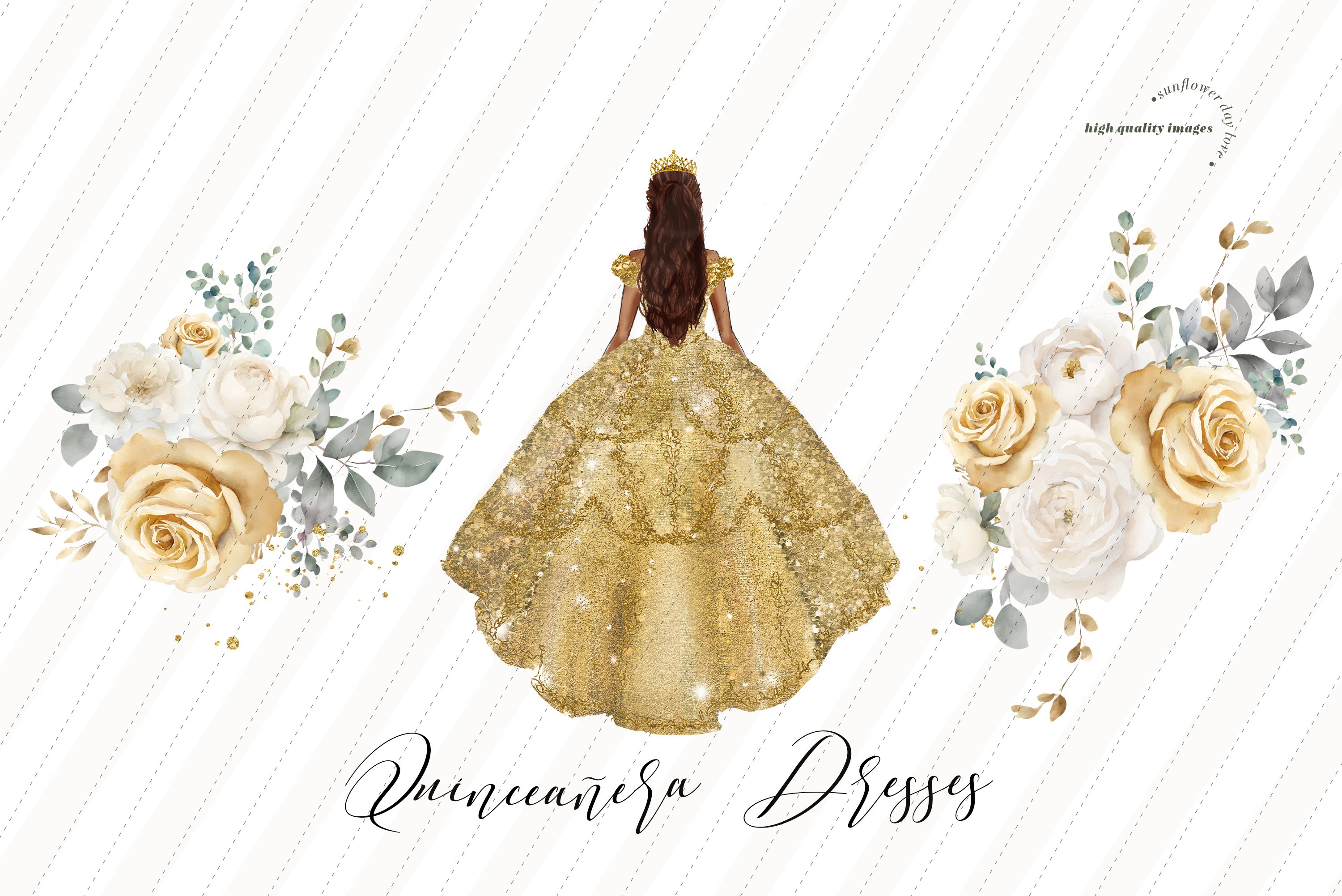 Elegant Gold Princess Dress Quinceanera Clipart, Gold Flower