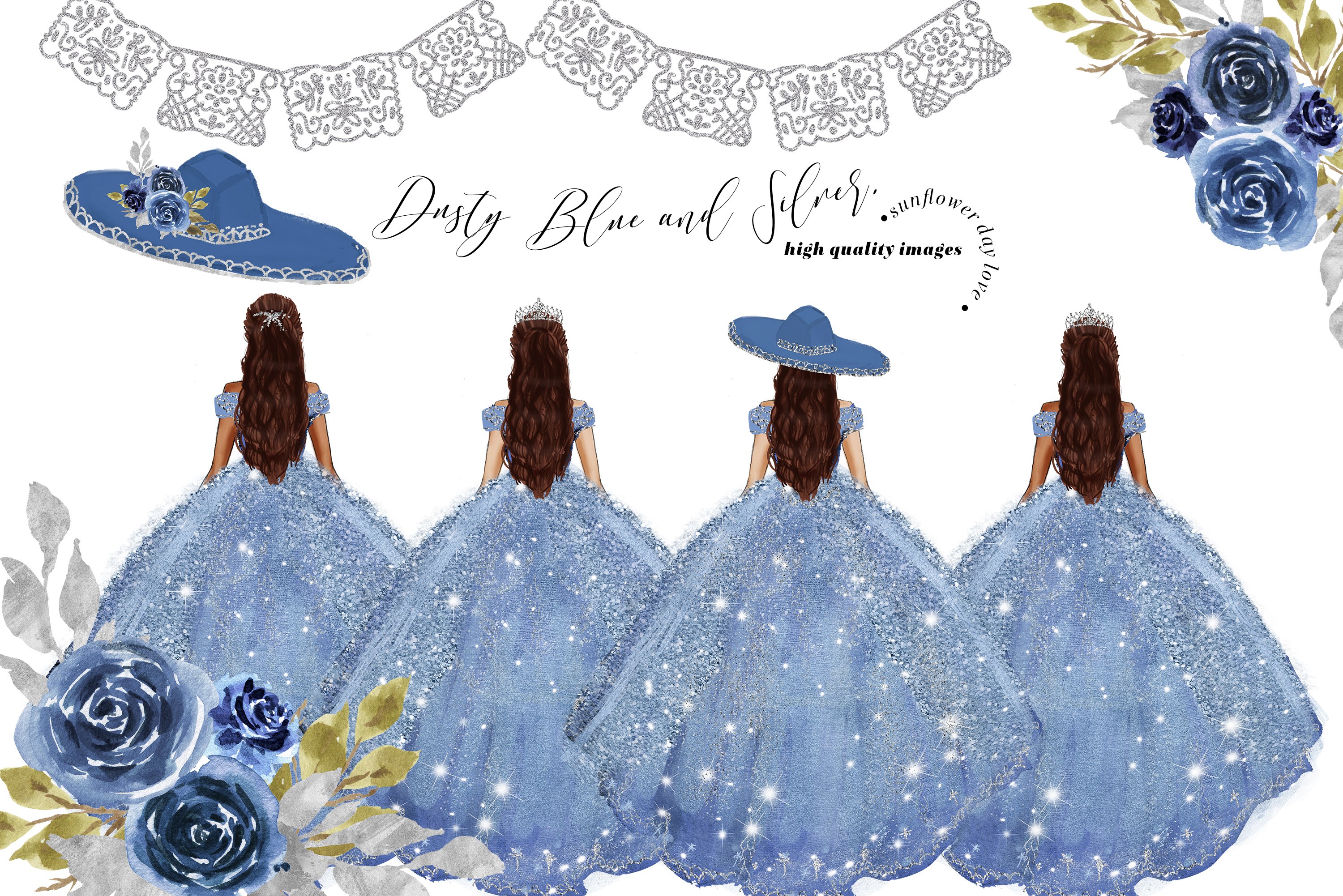 Dusty Blue Silver Princess Dresses Clipart