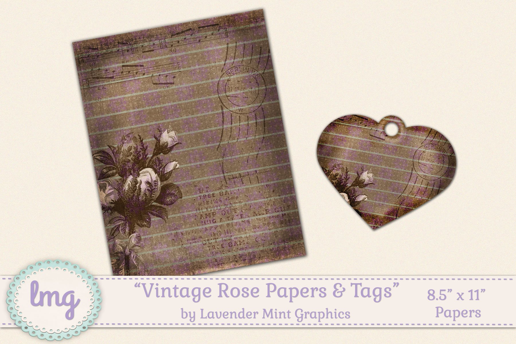 Vintage Rose Junk Journal Size Paper and Tags (15527) Papers Design