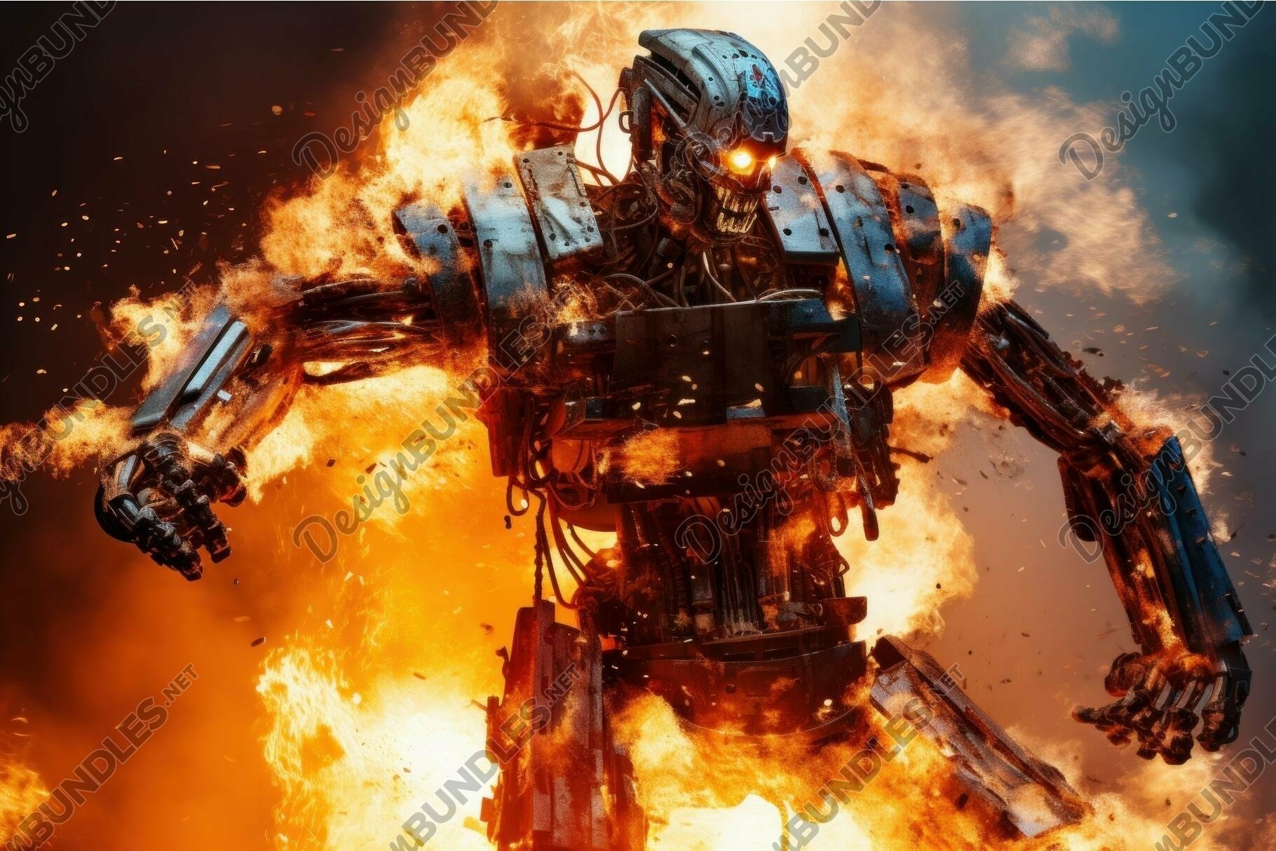 Formidable robot erupts in flames amidst a dramatic apocalyp