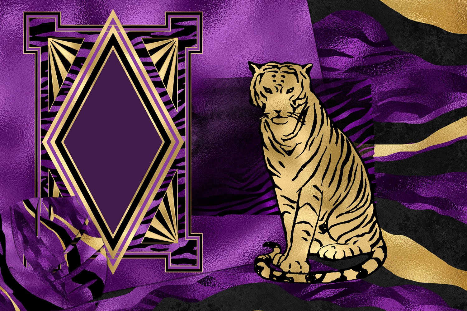 Purple and Gold Tiger Digital Paper (667356) | Patterns | Design Bundles