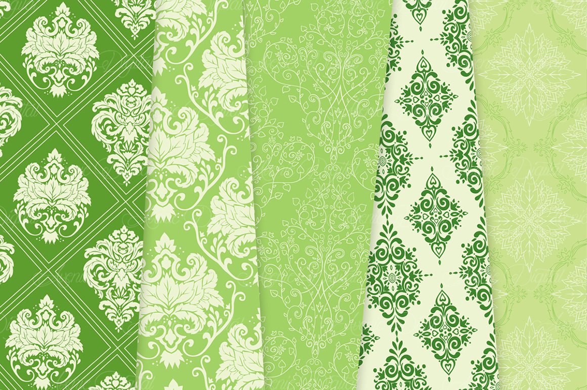 Green Damask Patterns Seamless Digital Papers (42865) Backgrounds