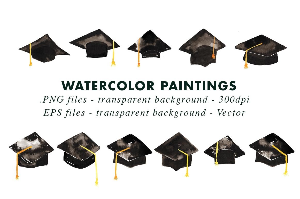 Graduation Hats Watercolor PNG & Vector EPS