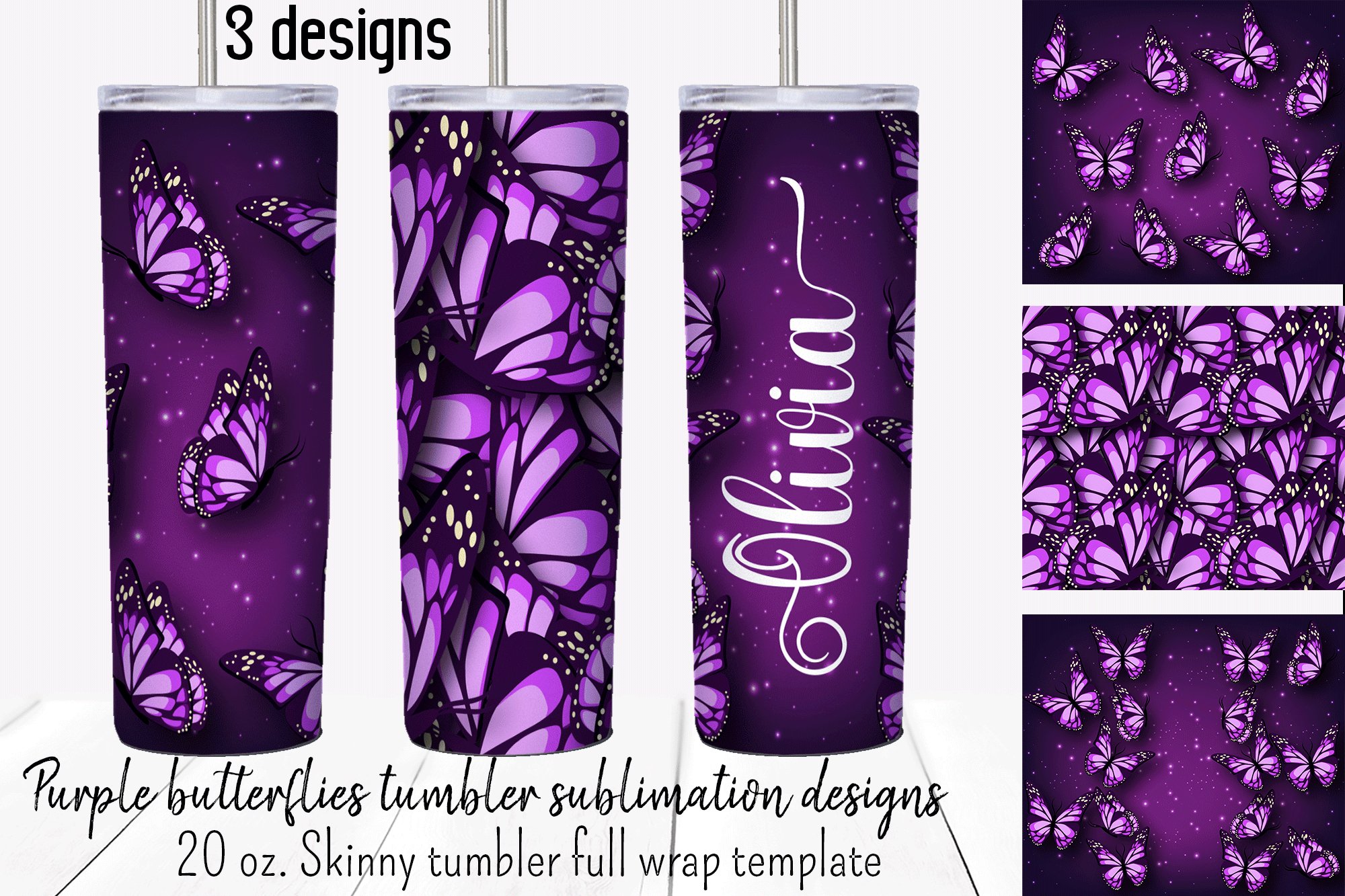 thumbnail image 2 of Purple Butterflies Sublimation Tumbler Wrap – 20oz Ready To Press Heat Transfer 2 of 6