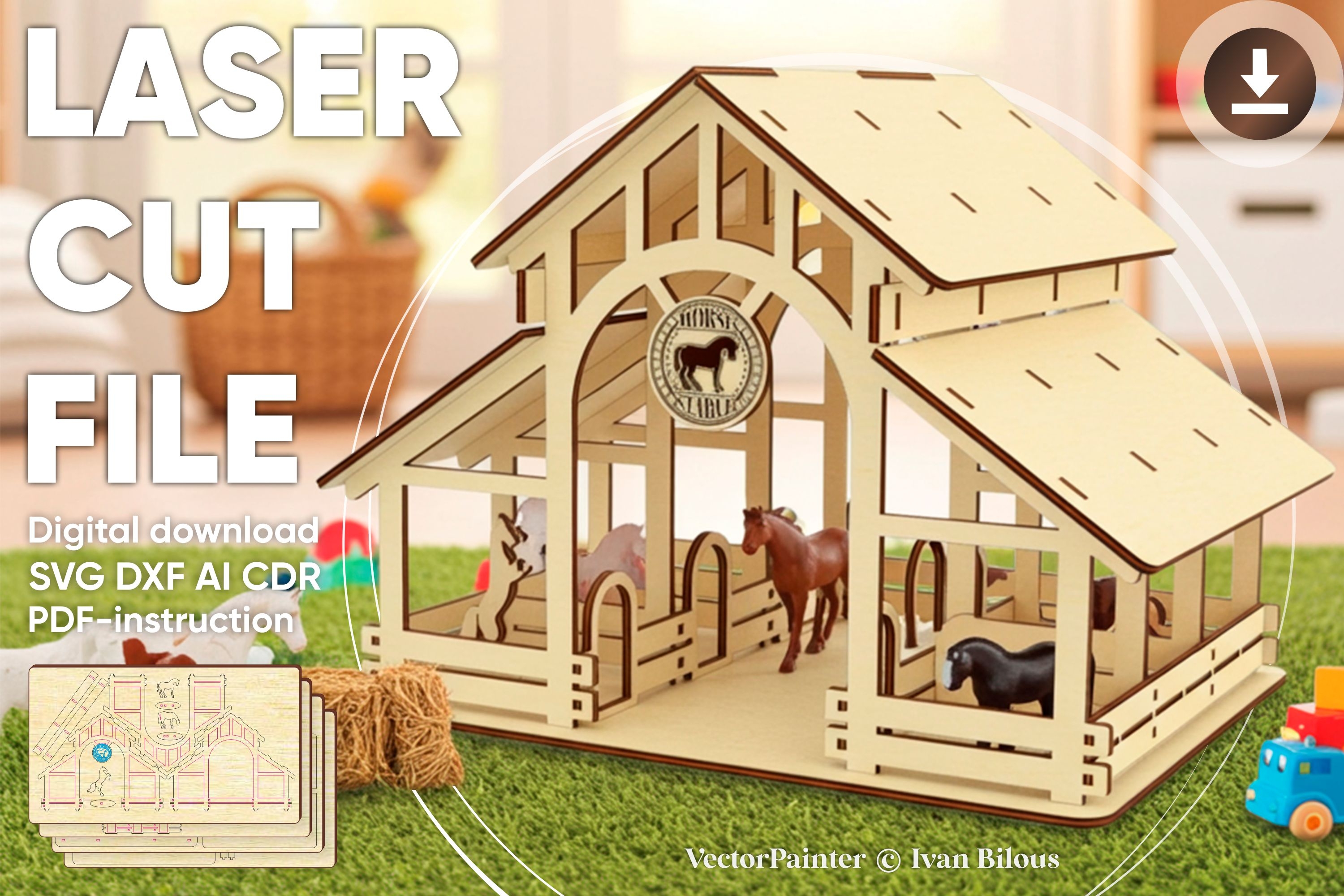 Big barn - laser cutting file, Horse stable, CNC (1377488)