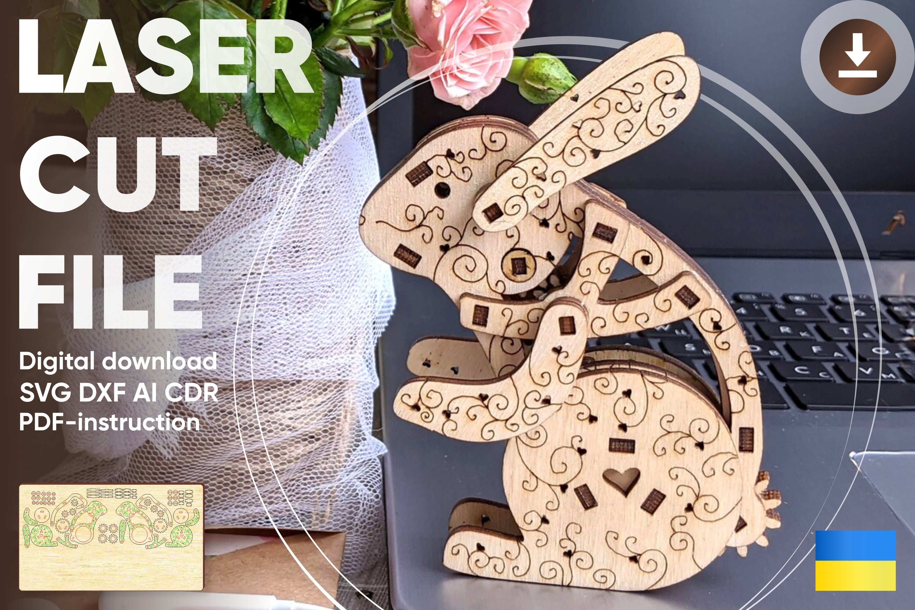 Mechanical Bunny - laser cut vector file, 3d puzzle