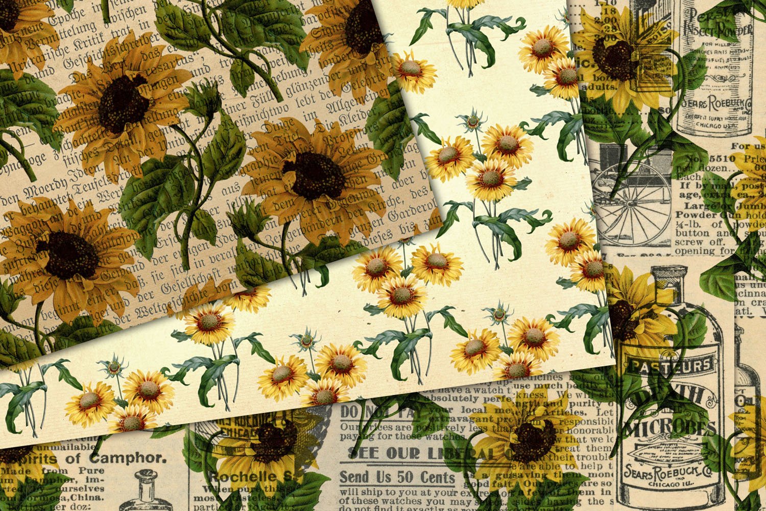 Vintage Sunflower Digital Paper (291008) Patterns Design Bundles