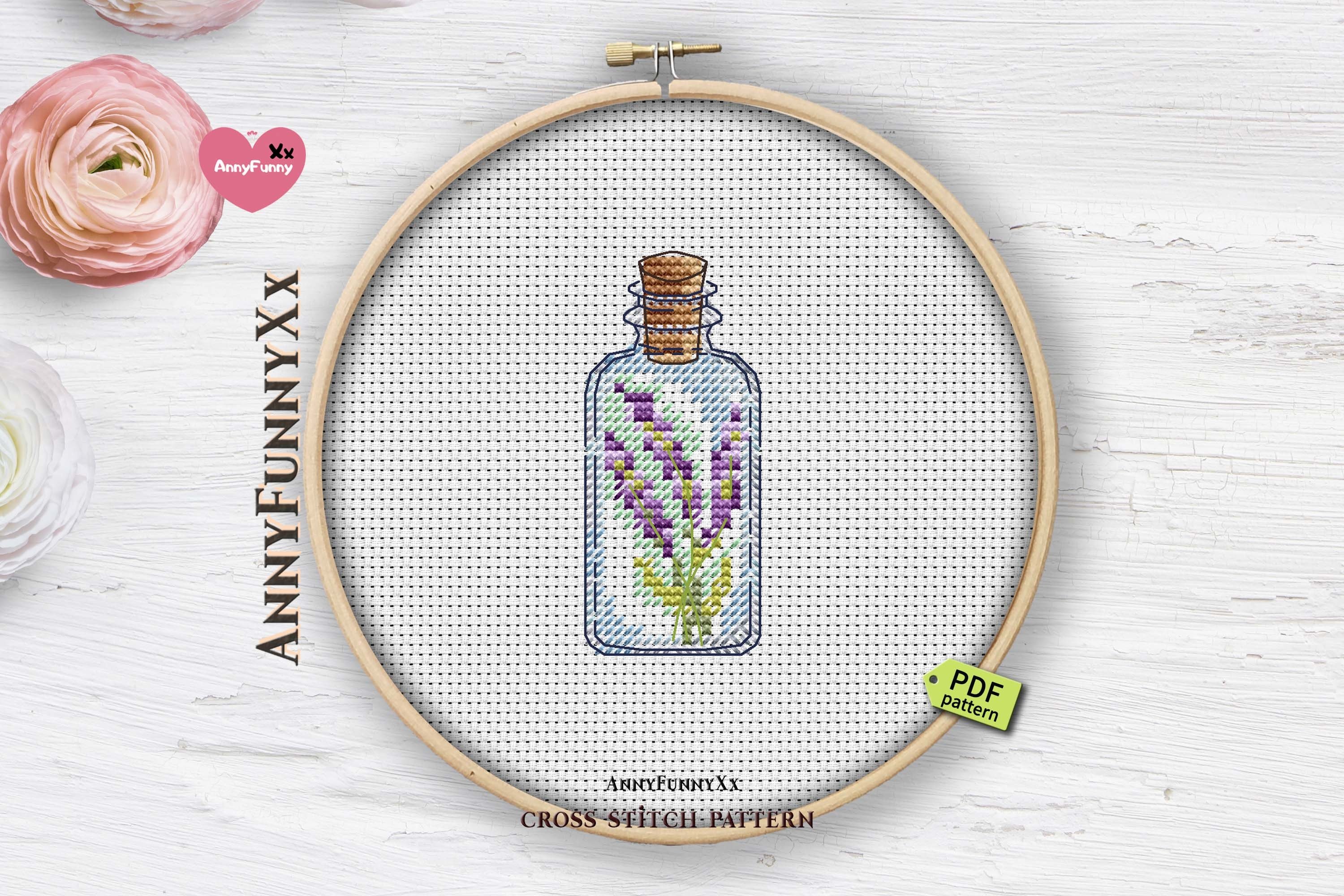 Mini bottle cross stitch pattern PDF, Mason jar lavender (577408