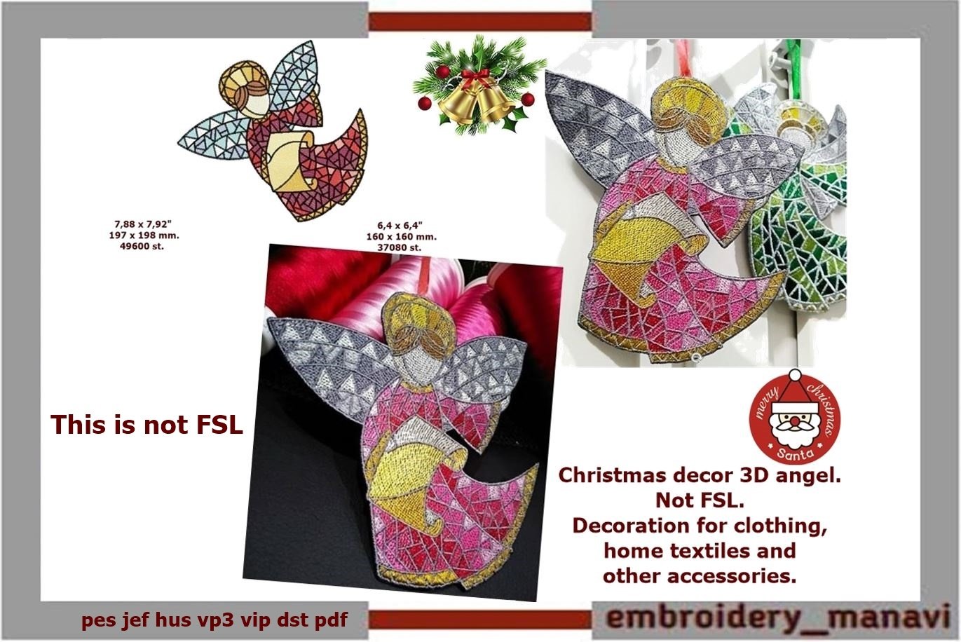 In the hoop Christmas angel 3 Machine Embroidery Design, image size:1371x916