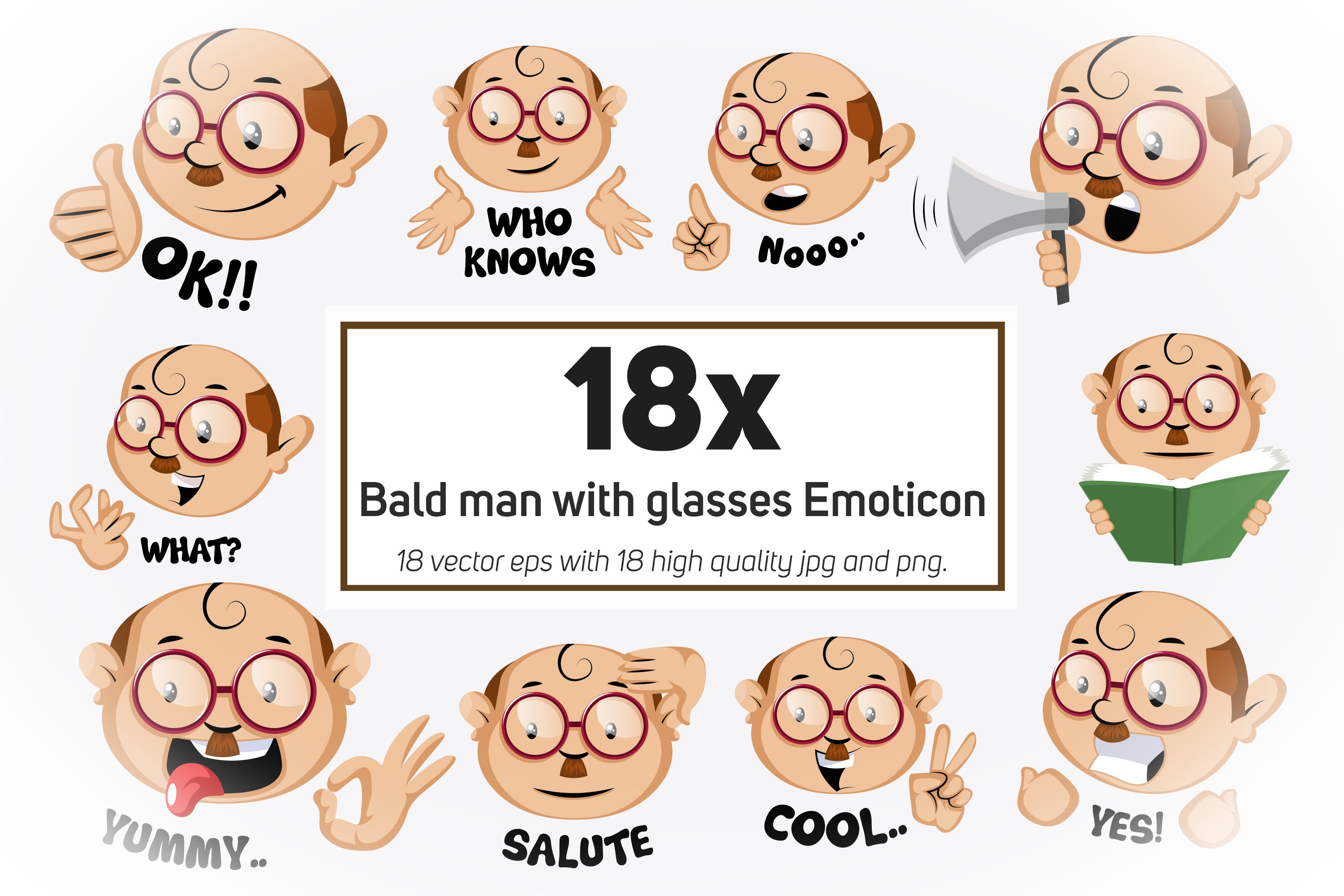 18x Bald man with glasses Emoticon or Sticker collection.