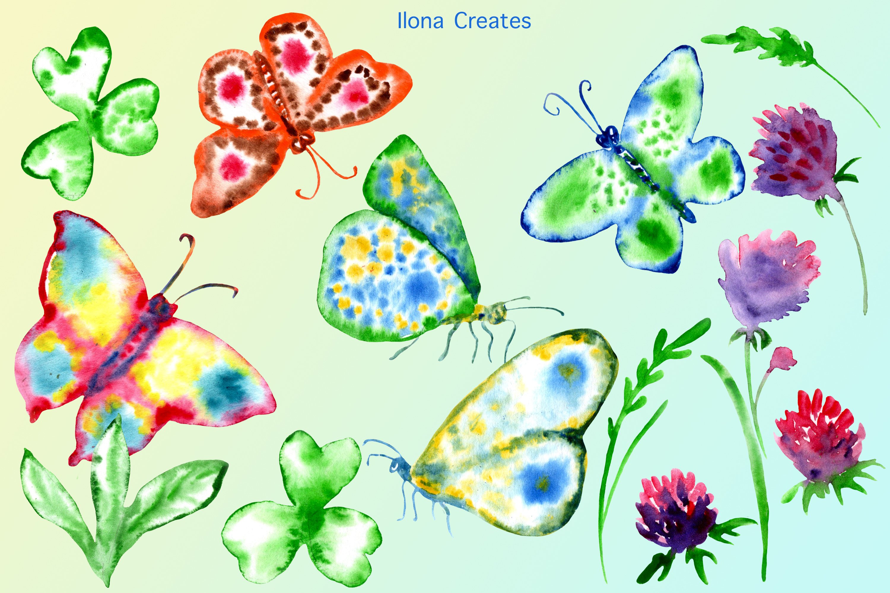 Watercolor Cute Summer Butterflies and Flowers Clipart Set, image size:3000x2000