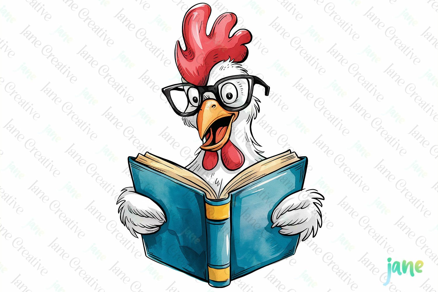 Chicken Funny Animals Reading Book Clipart, image size:1500x1000