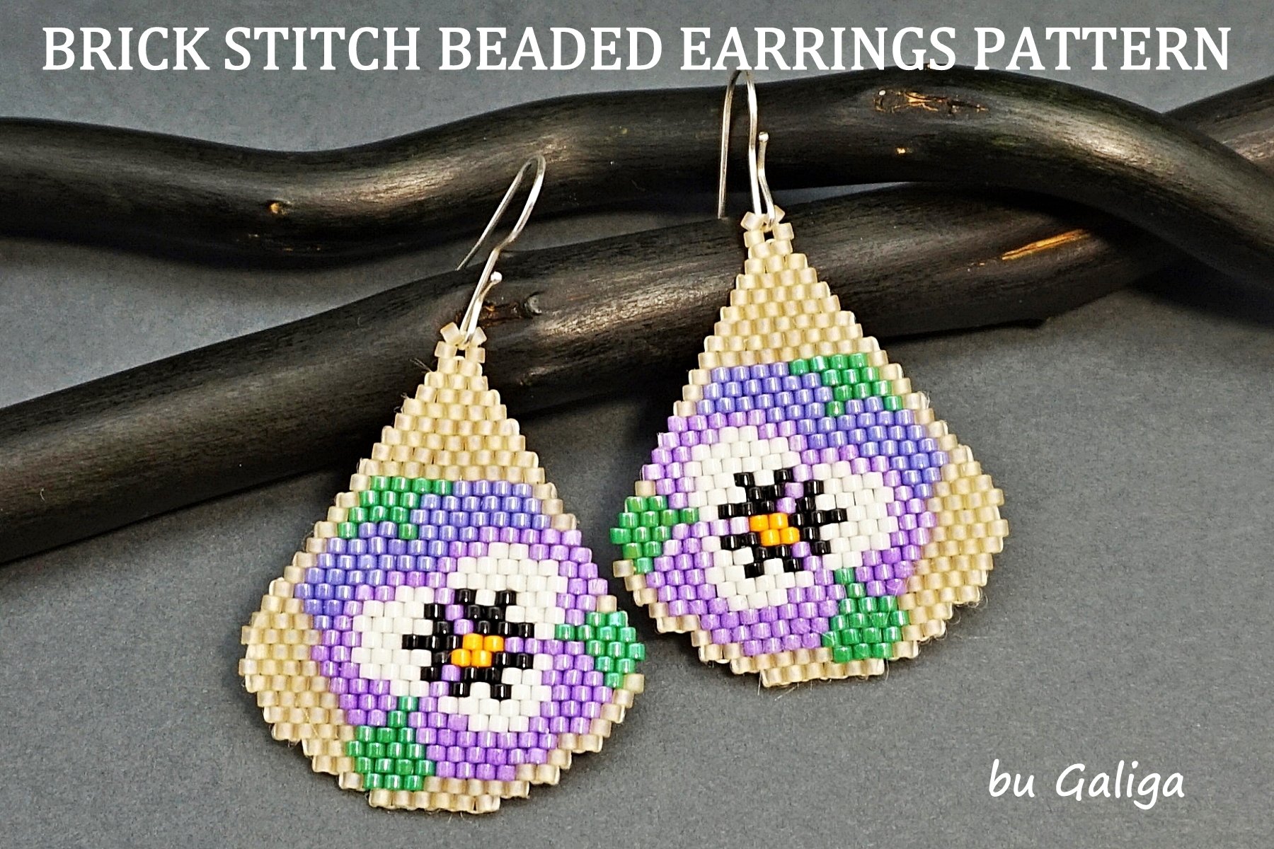 Purple Pansy Flower Beaded earrings pattern Brick Stitch