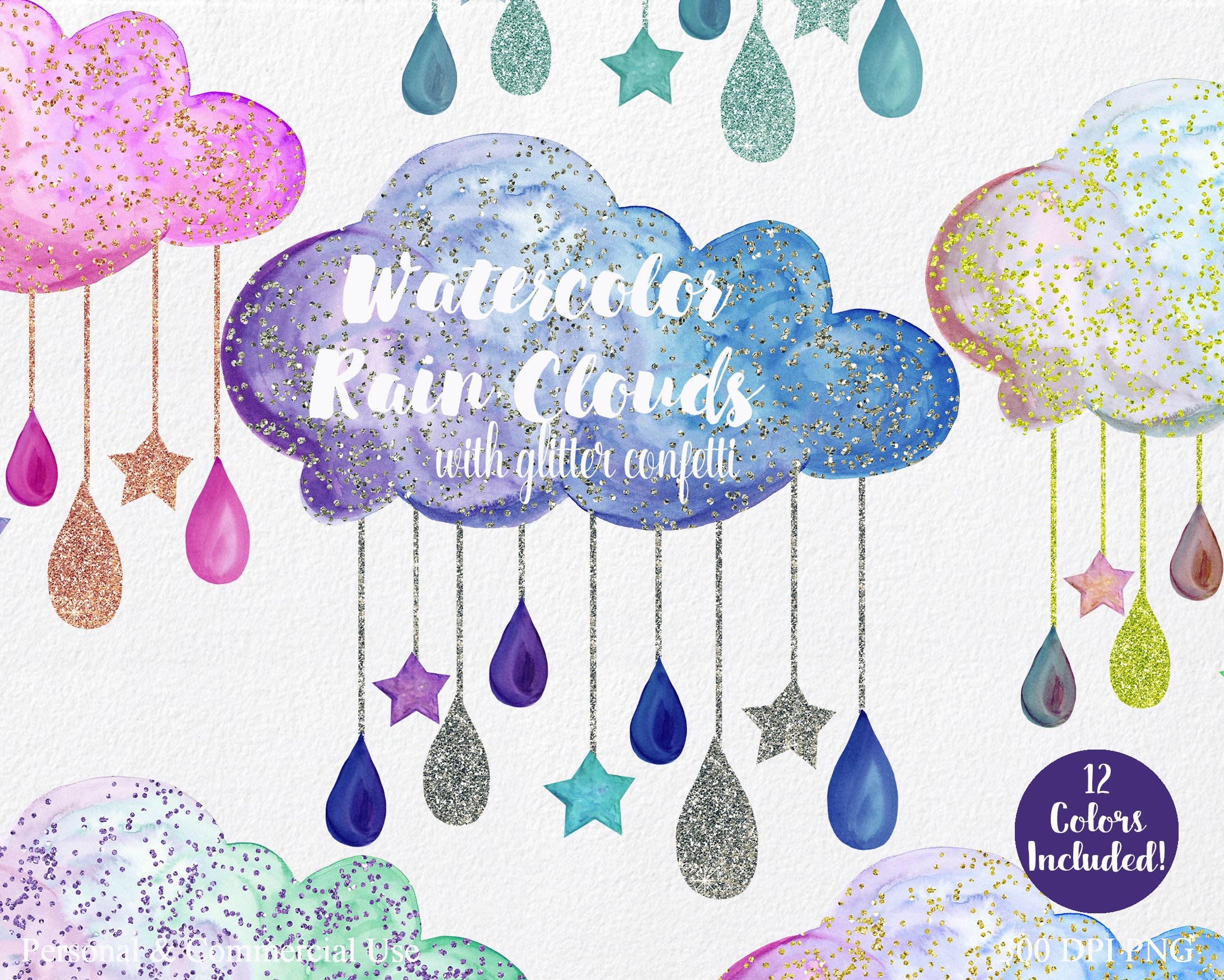 Cute Rainbow Watercolor Rain Clouds & Rain Drops with Metallic Gold