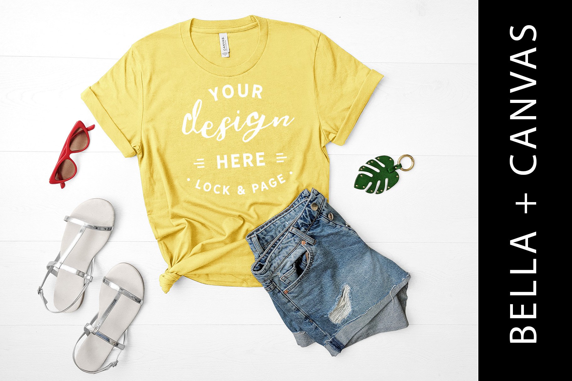Download Maize Yellow Bella Canvas 3001 T Shirt Mockup Summer Flatlay 134403 Mockups Design Bundles PSD Mockup Templates