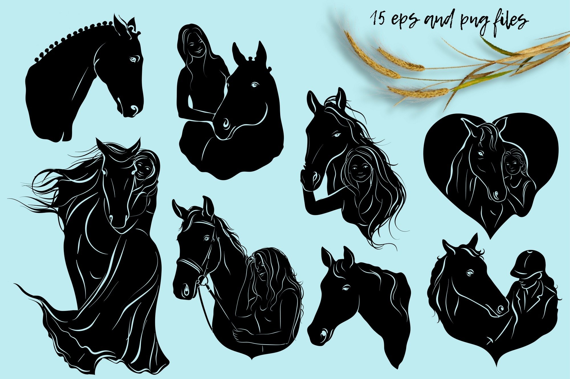 Horses & girls silhouettes set