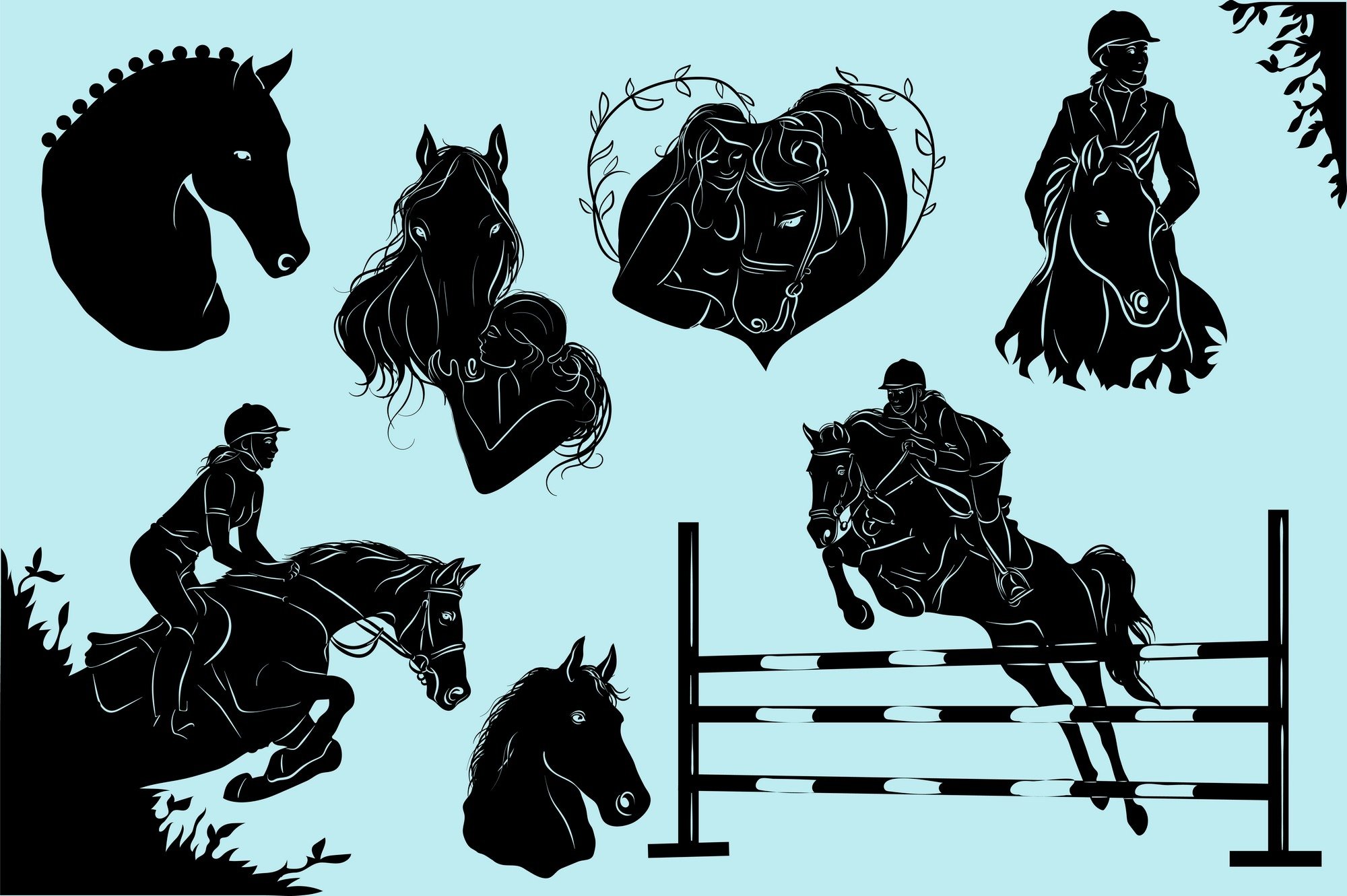 Horses & girls silhouettes set