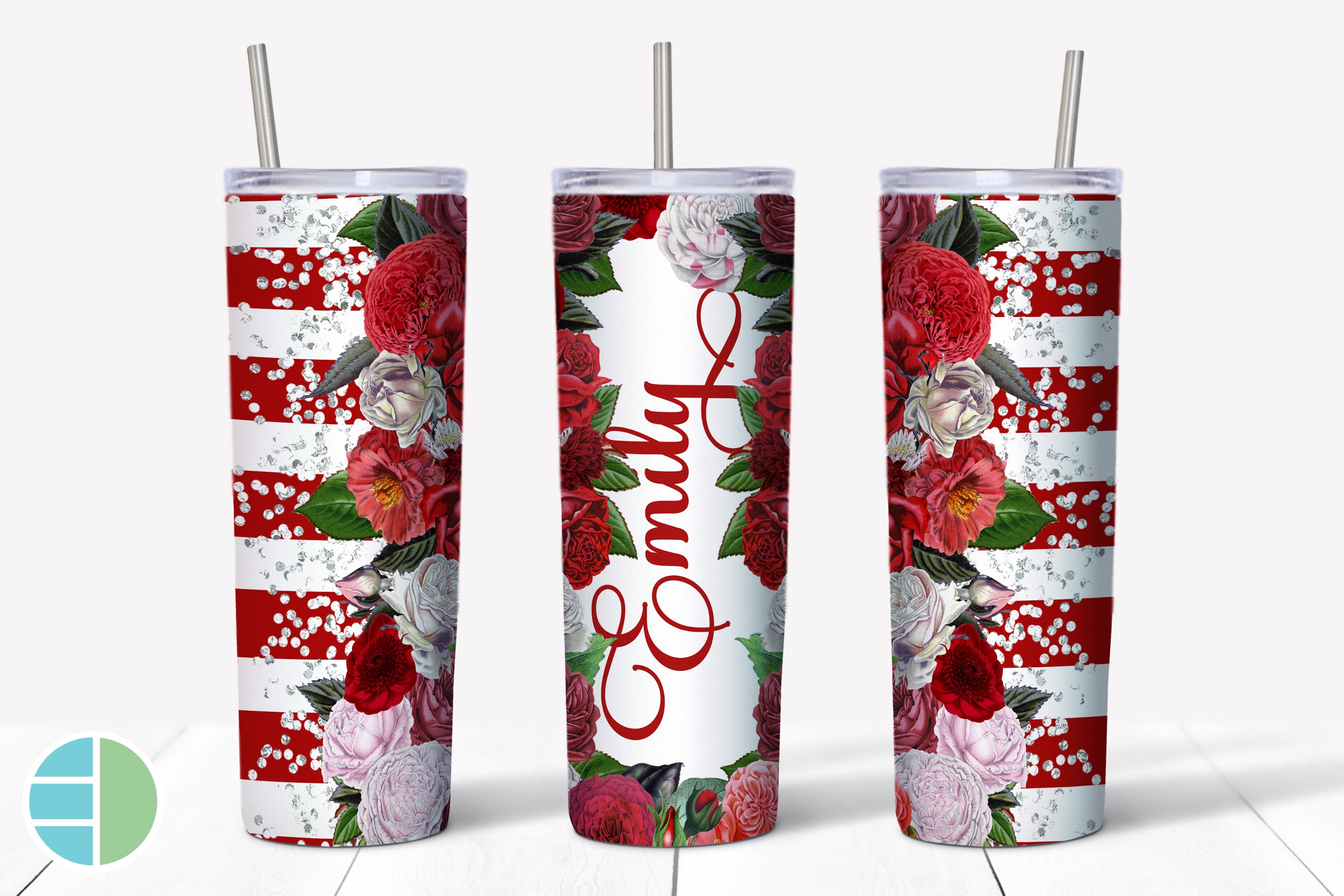 Skinny Tumbler Sublimation Designs Red Roses Add a Name (1226278