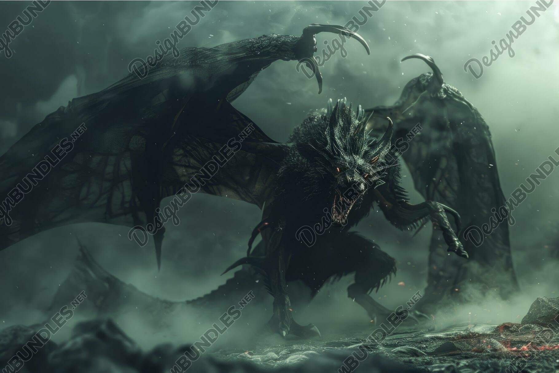 Dark fantasy dragon beast in misty landscape, image size:1820x1214